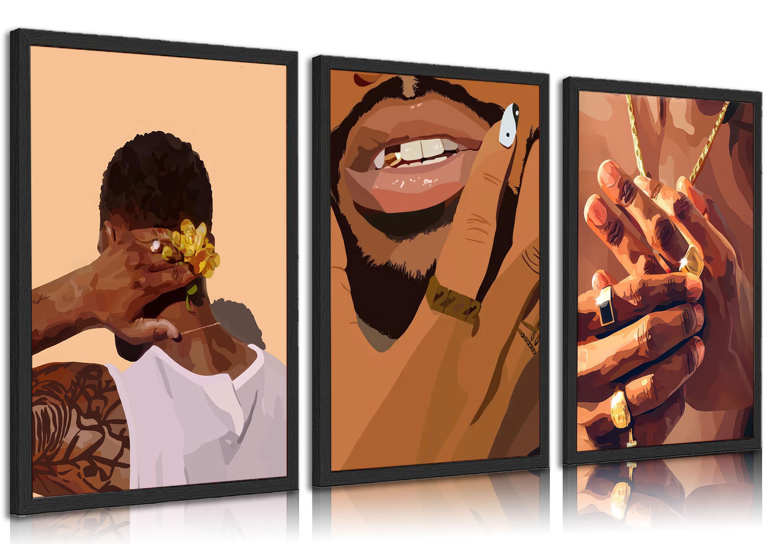 3 Pcs Black Gold Woman Canvas Wall Art African American Black Girl Wall Decor Pictures Abstract Black Gold Female Poster Print Artwork for Living Room Bedroom Scene Home Decoration Prepare To Hang