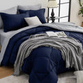 HEVUMYI 7 Pieces Queen Comforter Set, All Season Reversible Bed in a Bag, Ultra Soft Queen Bedding Set with Grey Comforter, Flat Sheet, Fitted Sheet, Pillowcases, Pillow Shams, Dark Grey