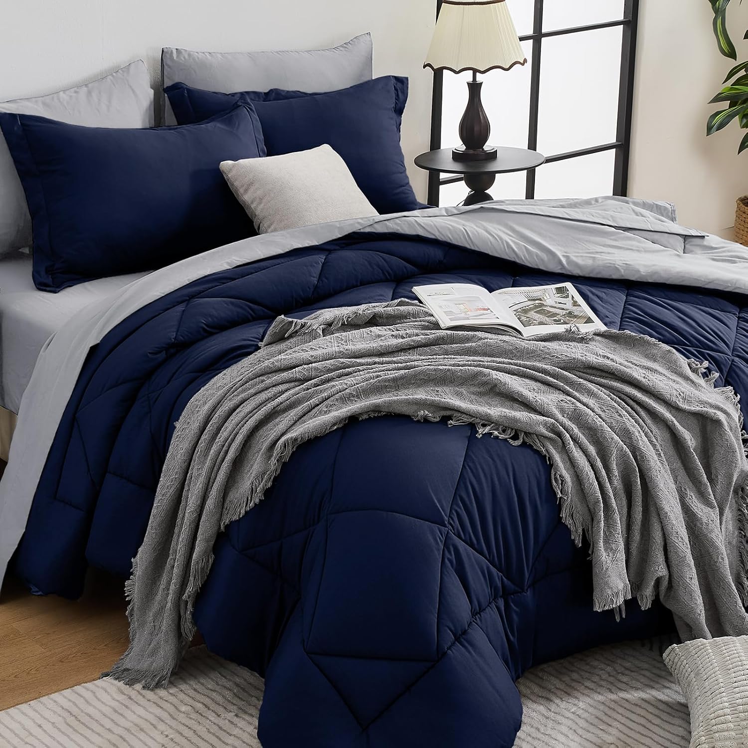 HEVUMYI 7 Pieces Queen Comforter Set, All Season Reversible Bed in a Bag, Ultra Soft Queen Bedding Set with Grey Comforter, Flat Sheet, Fitted Sheet, Pillowcases, Pillow Shams, Dark Grey
