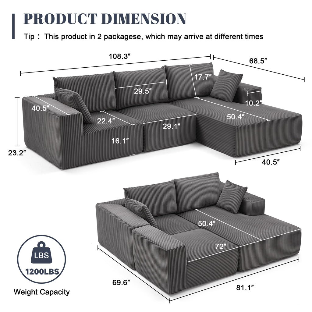 108” Modular Sectional Sofa, Cloud Sectional Couch with Deep Seat, Modern Modular L-Shape Sofa Couch with Chaise,Upholstered Boneless Couches for Living Room Bedroom (Beige, Left Facing Chaise)