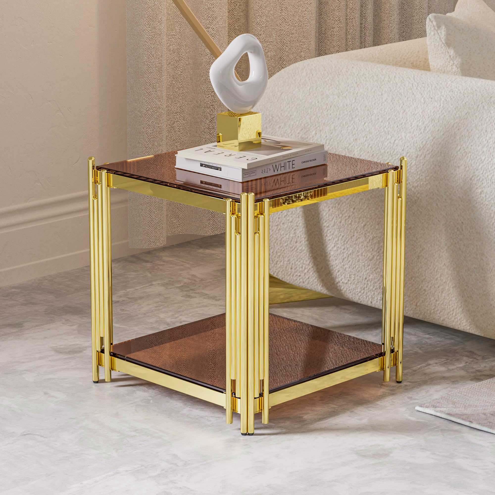 Luxury Gold Square Glass End Table, 19.7" Modern Side Table with Stainless Steel Irregular Leg Clear Tempered Glass Tabletop, Accent Furniture for Living Room, Clear