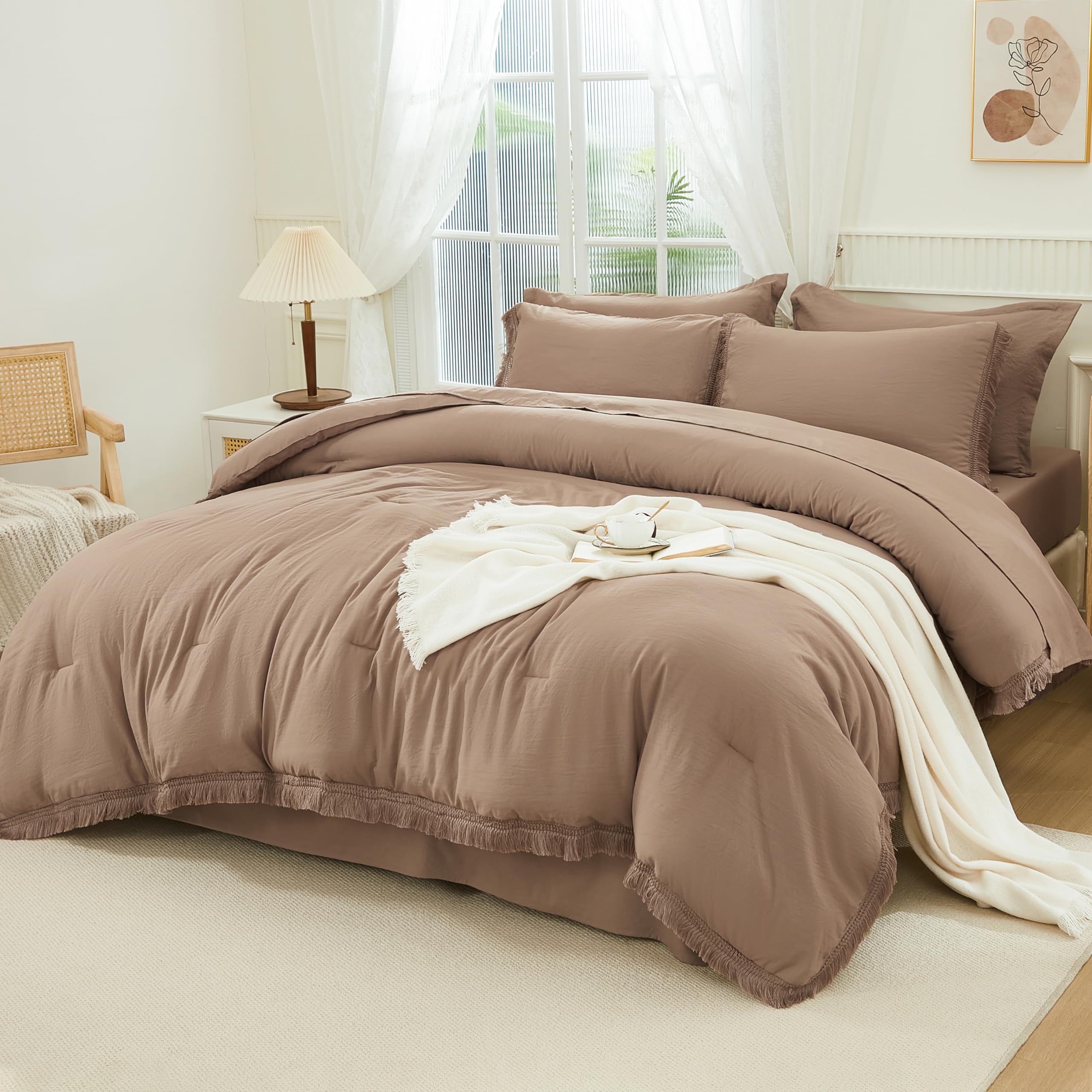 Andency King Size Comforter Set with Sheets Light Pink - 7 Pieces Bed in a Bag Boho Soft Lightweight Bedding Sets, Tassel Bed Set with Comforter, Sheets, Pillowcases & Shams