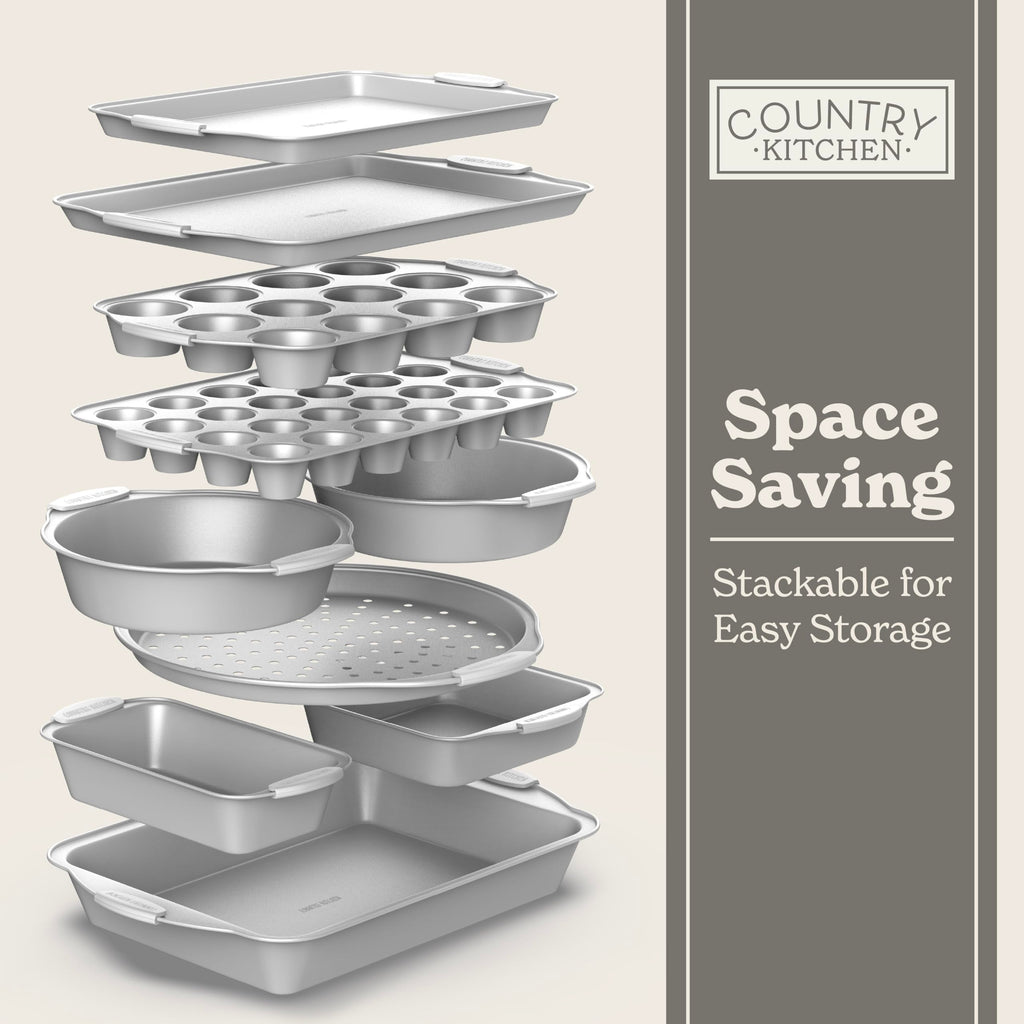Country Kitchen Nonstick Stackable Bakeware Set - Durable, Easy Release Baking Set- 22 Pc. Includes Silicone Muffin Cups