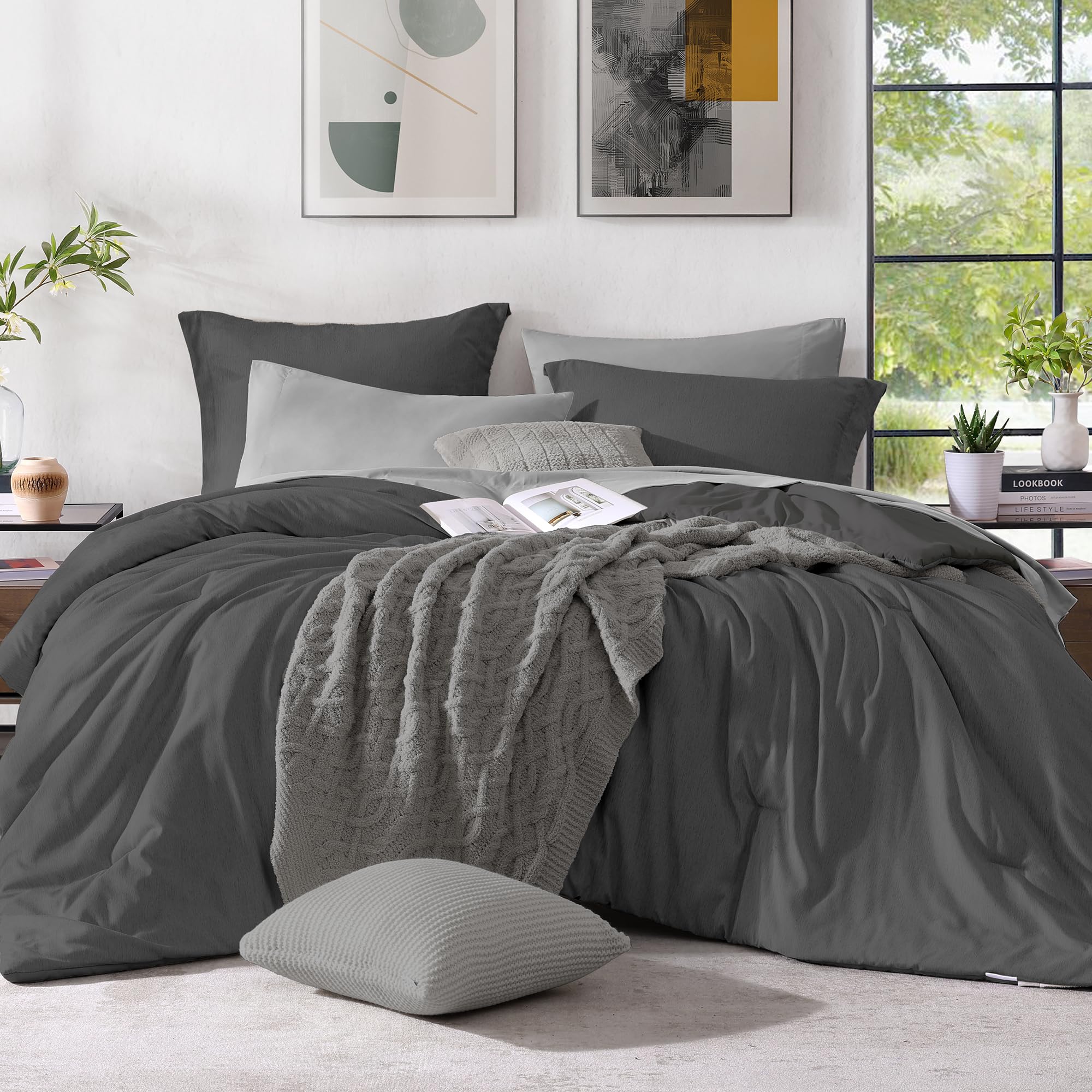 Monbix Queen Comforter Set - 7 Pieces Cationic Dyeing Autumn Leaf Bed in a Bag Queen Bedding Sets with Comforter, Sheets, Pillowcases & Shams, Reversible Bedding Comforters Sets