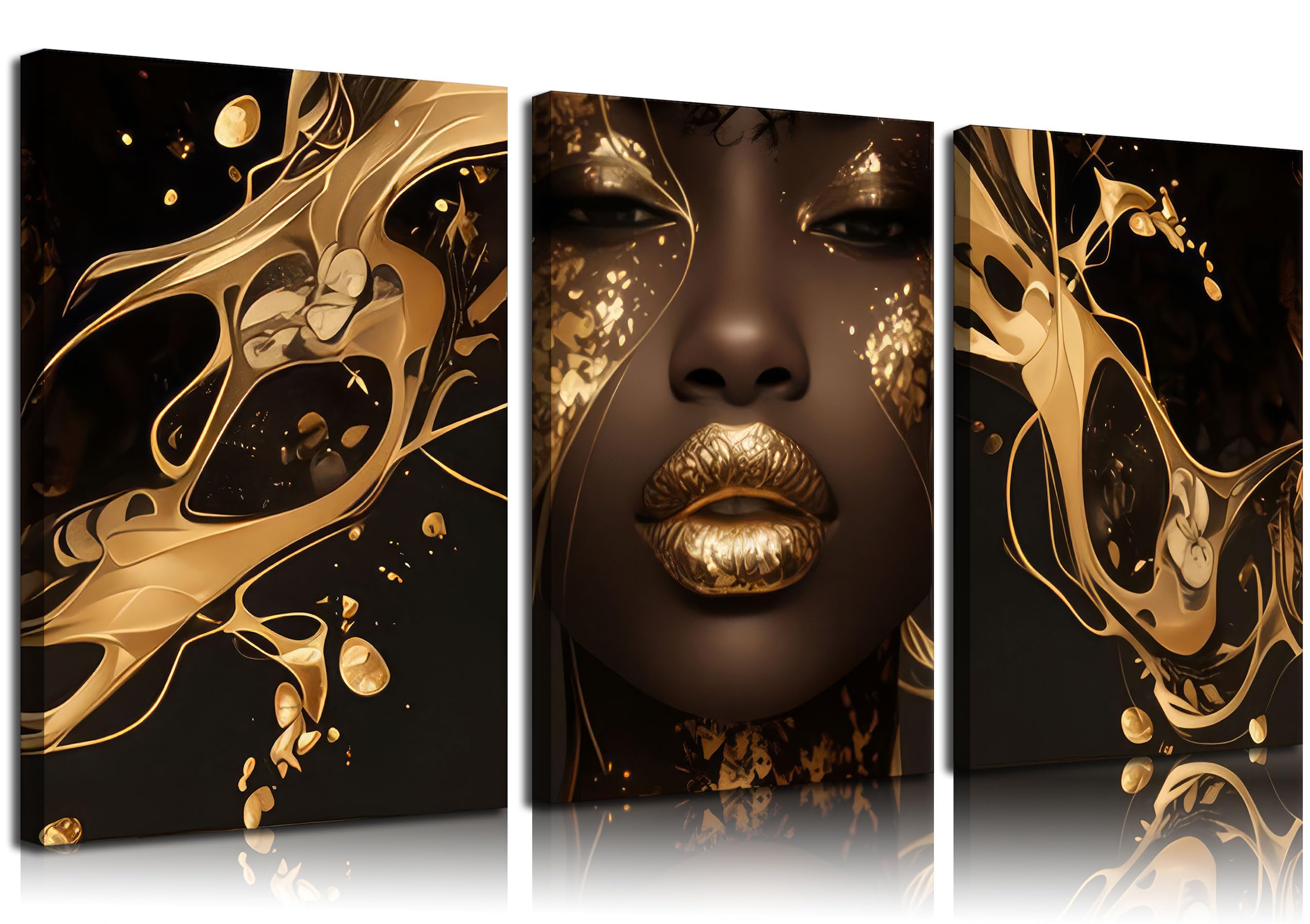 3 Pcs Black Gold Woman Canvas Wall Art African American Black Girl Wall Decor Pictures Abstract Black Gold Female Poster Print Artwork for Living Room Bedroom Scene Home Decoration Prepare To Hang