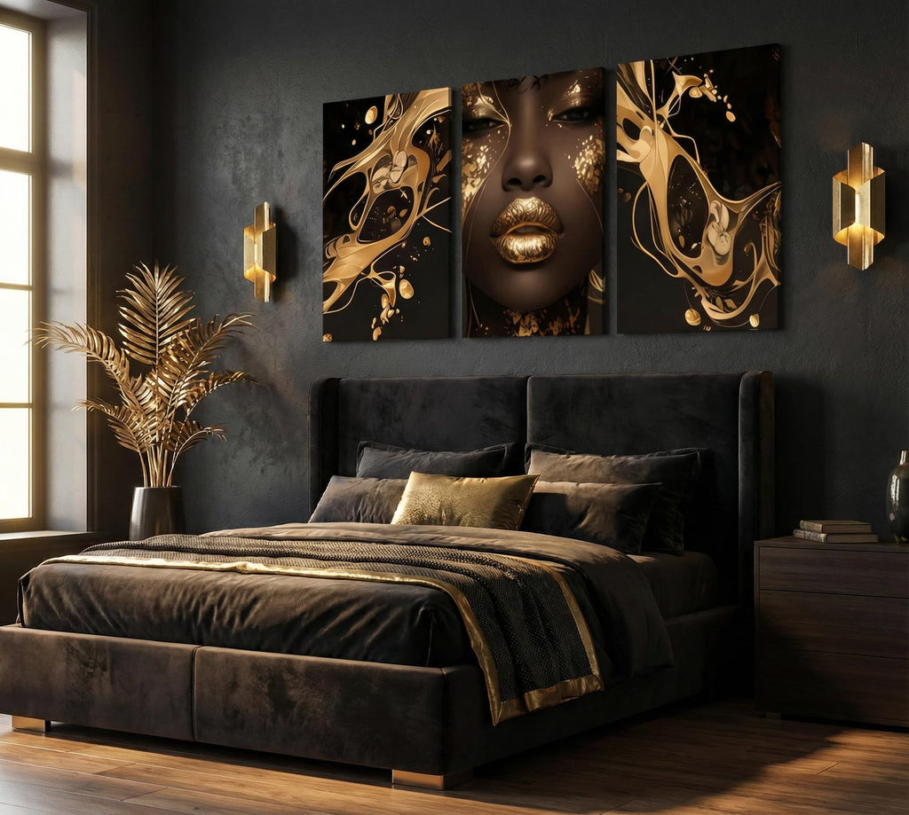 3 Pcs Black Gold Woman Canvas Wall Art African American Black Girl Wall Decor Pictures Abstract Black Gold Female Poster Print Artwork for Living Room Bedroom Scene Home Decoration Prepare To Hang