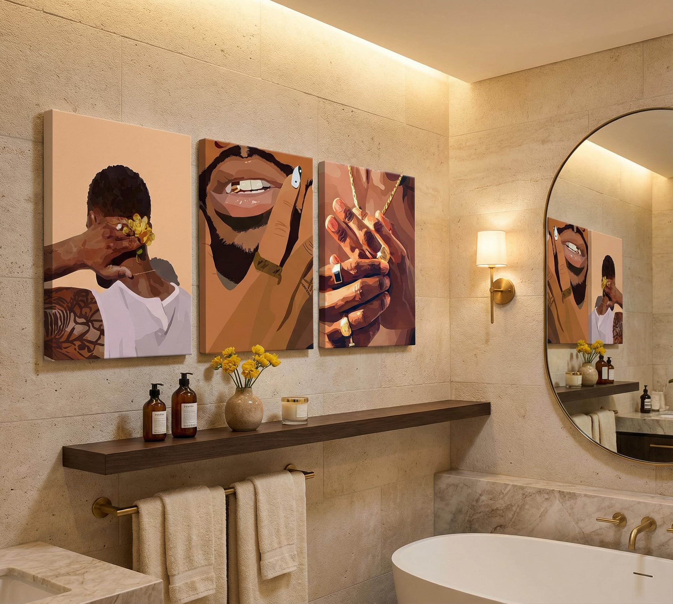 3 Pcs Black Gold Woman Canvas Wall Art African American Black Girl Wall Decor Pictures Abstract Black Gold Female Poster Print Artwork for Living Room Bedroom Scene Home Decoration Prepare To Hang
