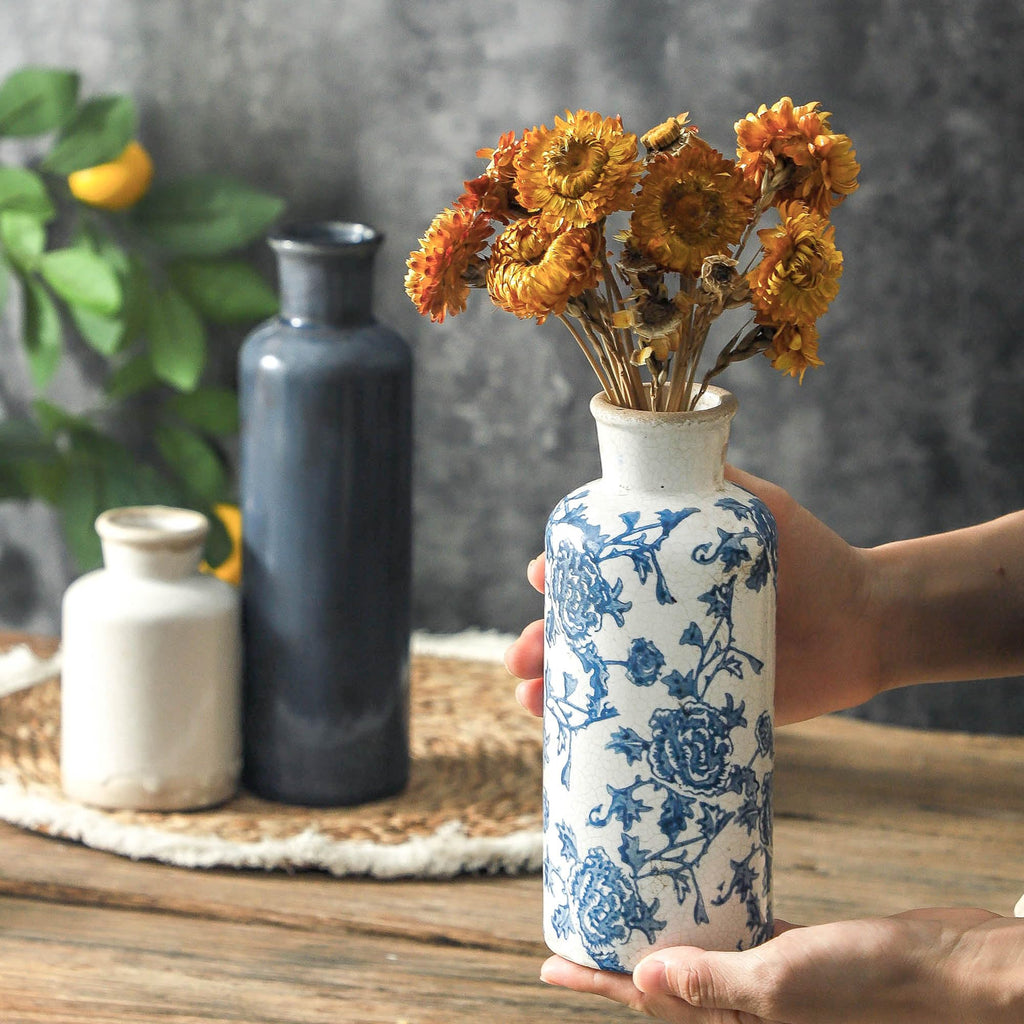 Vintage Vase Set of 3, Ceramic Vintage Flower Vases, Chinoiserie Decorative Home Decor Retro Floral Vase Rustic Farmhouse Decor for Table Bookshelf Mantel Kitchen Living Room Office - Green and Beige
