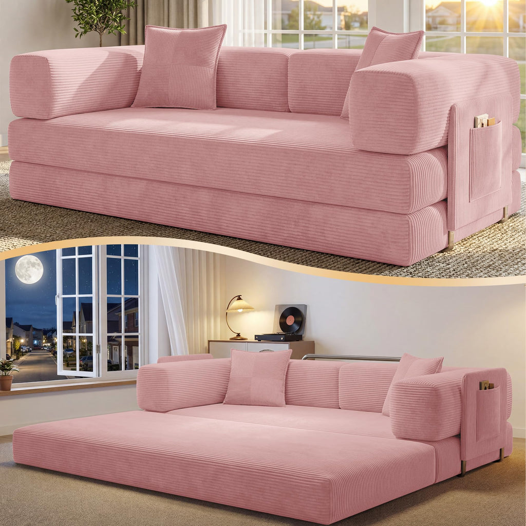 78.8" Convertible Futon Sofa Bed,Corduroy Futon Couch with Storage Pocket,Folding Pull Out Sofa,No Assembly Boneless Couch for Living Room | Pink