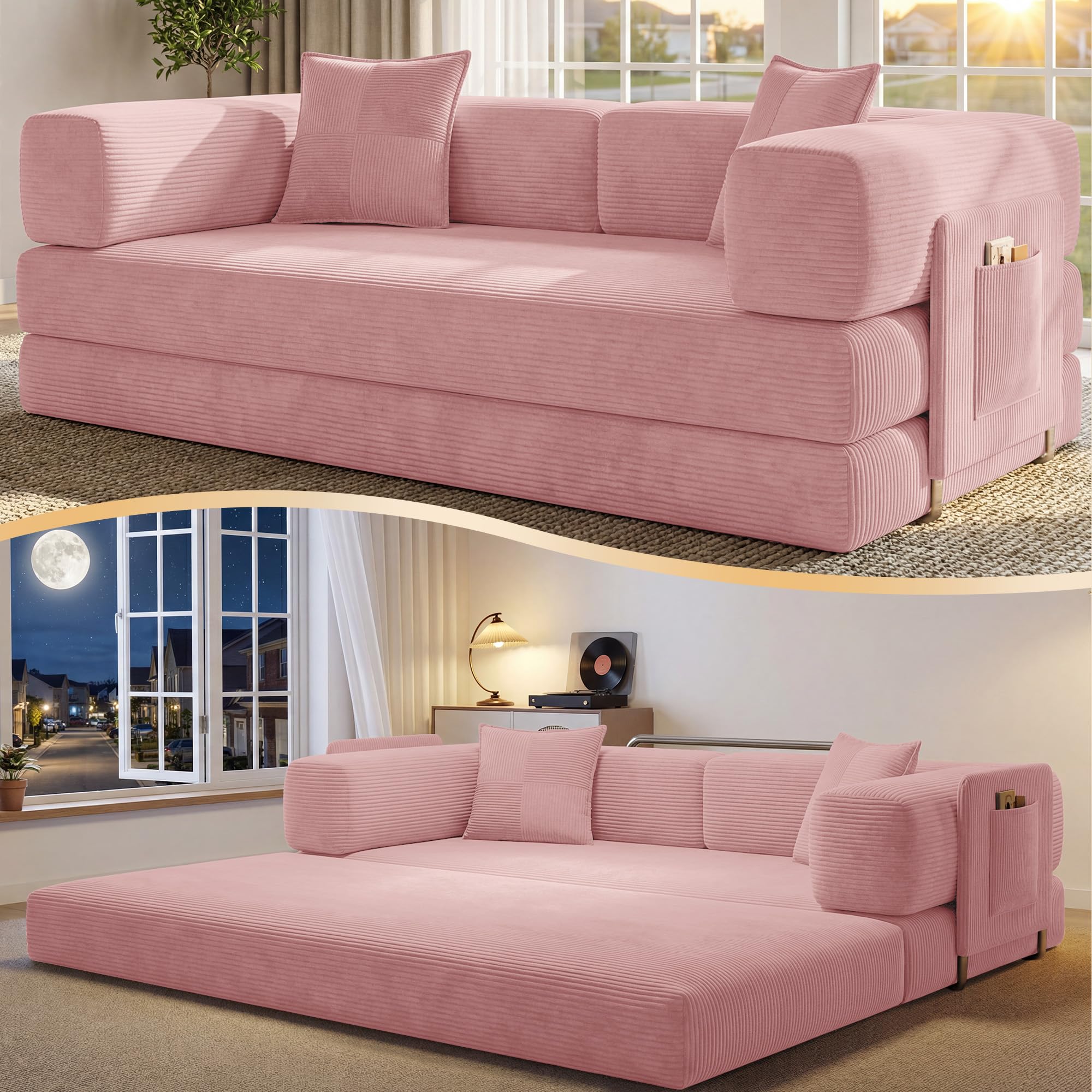 78.8" Convertible Futon Sofa Bed,Corduroy Futon Couch with Storage Pocket,Folding Pull Out Sofa,No Assembly Boneless Couch for Living Room | Pink