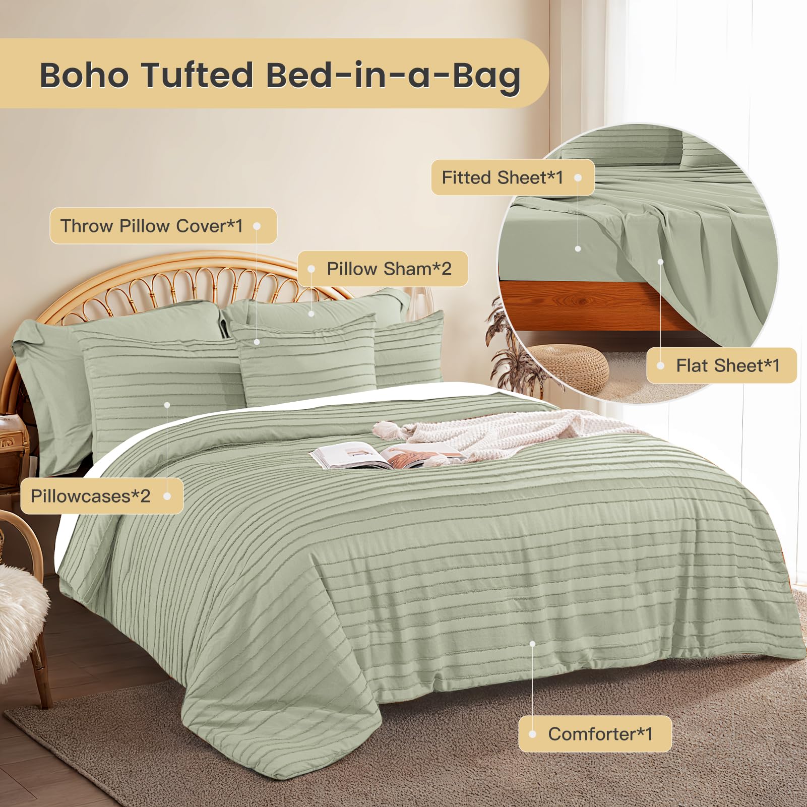 NEXHOME PRO Tufted Boho Comforter Set King, 8 Piece Bed in a Bag, Ultra Soft Brushed Microfiber All-in-One Bedding, Lightweight All Season Comforter, Machine Washable, Sage Green
