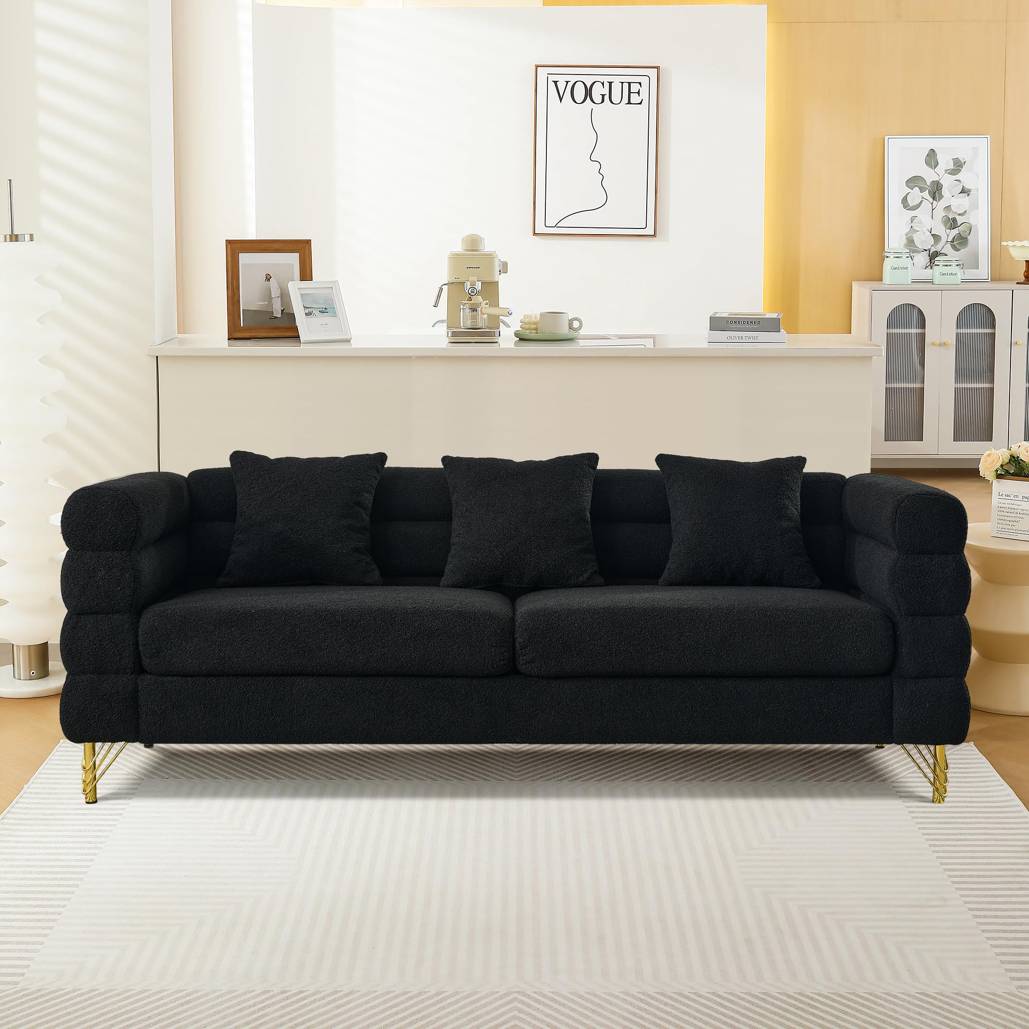 mikibama Modern Teddy Sectional Sofa, 81 Inch Oversized Sofa Couch, Luxury 3 Seater Deep Couch with 3 Pillows and Gold Metal Legs for Living Room, Bedroom, Apartment (Black)