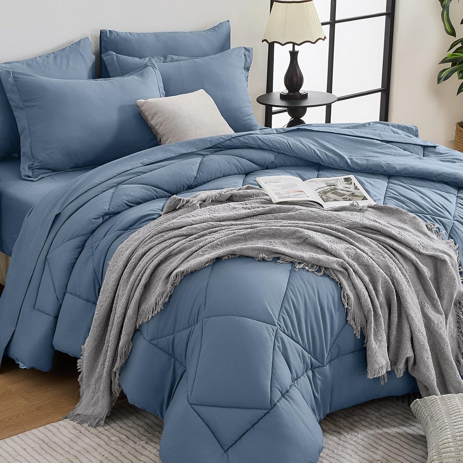 HEVUMYI 7 Pieces Queen Comforter Set, All Season Reversible Bed in a Bag, Ultra Soft Queen Bedding Set with Grey Comforter, Flat Sheet, Fitted Sheet, Pillowcases, Pillow Shams, Dark Grey