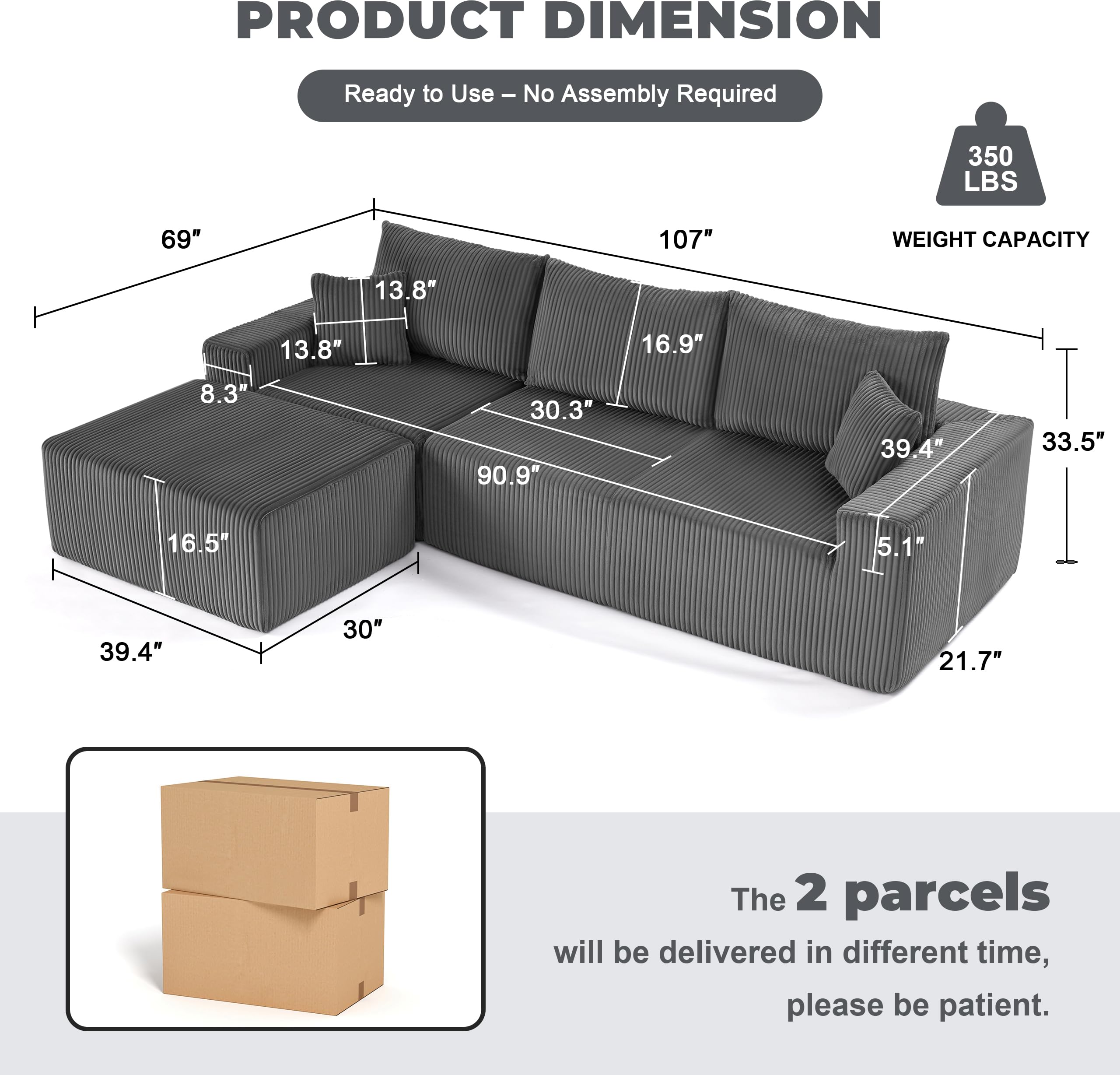 108” Modular Sectional Sofa, Cloud Sectional Couch with Deep Seat, Modern Modular L-Shape Sofa Couch with Chaise,Upholstered Boneless Couches for Living Room Bedroom (Beige, Left Facing Chaise)