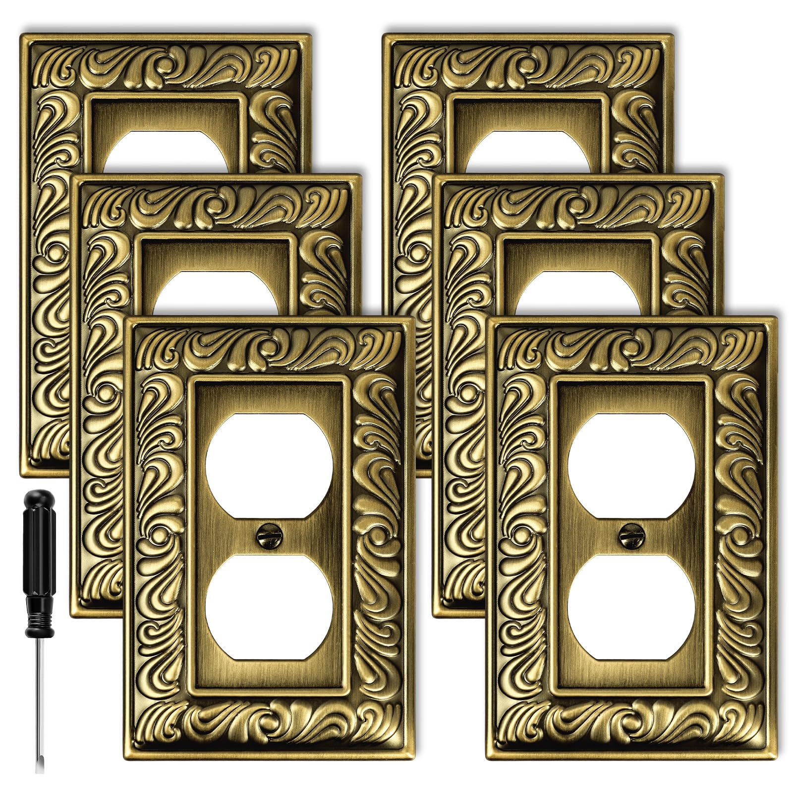Antique Brass Duplex Outlet Cover Paisley Pattern Decorative Wall Plates for Electrical Outlet, Metal Switch Plates and Receptacle Cover for Kitchen Bathroom (1 Gang Duplex Outlet-6 Pack)