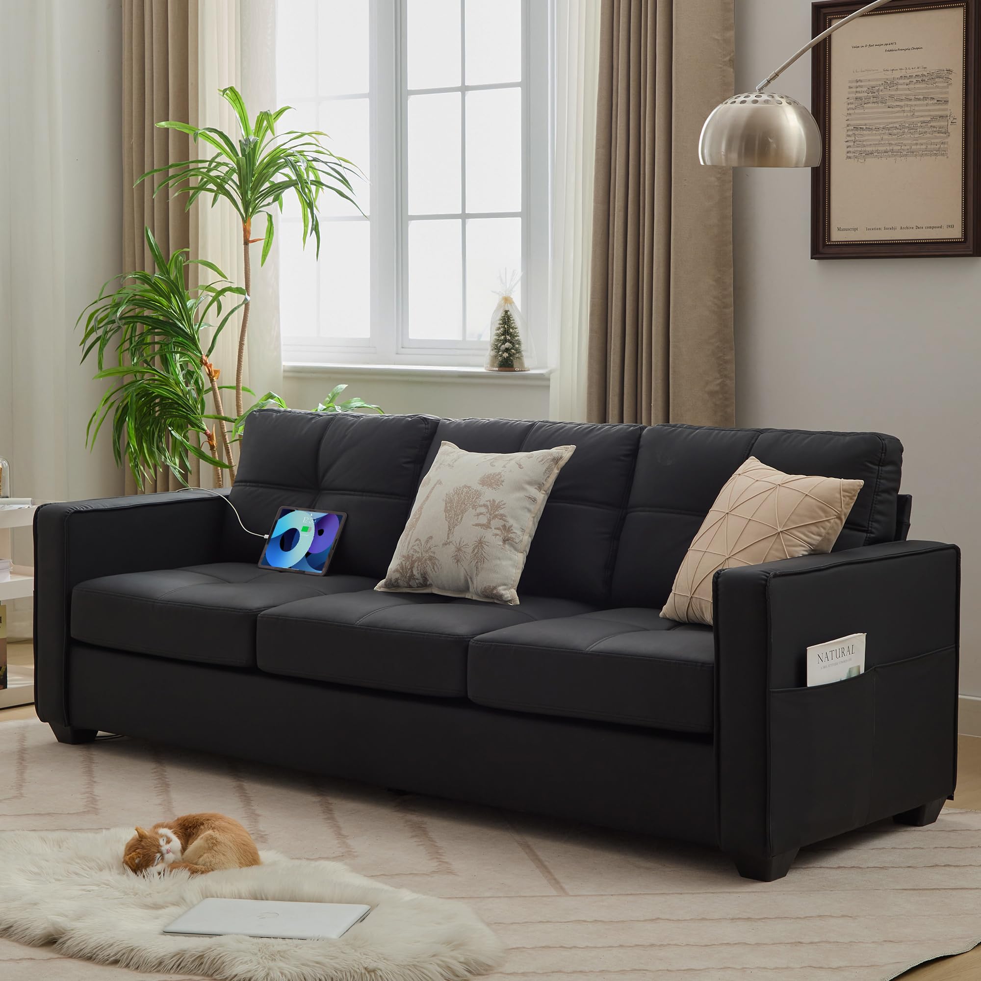 TYBOATLE 88" W Blue Faux Leather L Shaped Sectional Couches w/Side Pockets, Comfy Modular Convertible Sofas w/USB, Office Sofa Set with Chaise for Living Room, Bedroom (Blue, 3L)