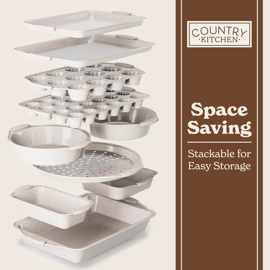 Country Kitchen Nonstick Stackable Bakeware Set - Durable, Easy Release Baking Set- 22 Pc. Includes Silicone Muffin Cups