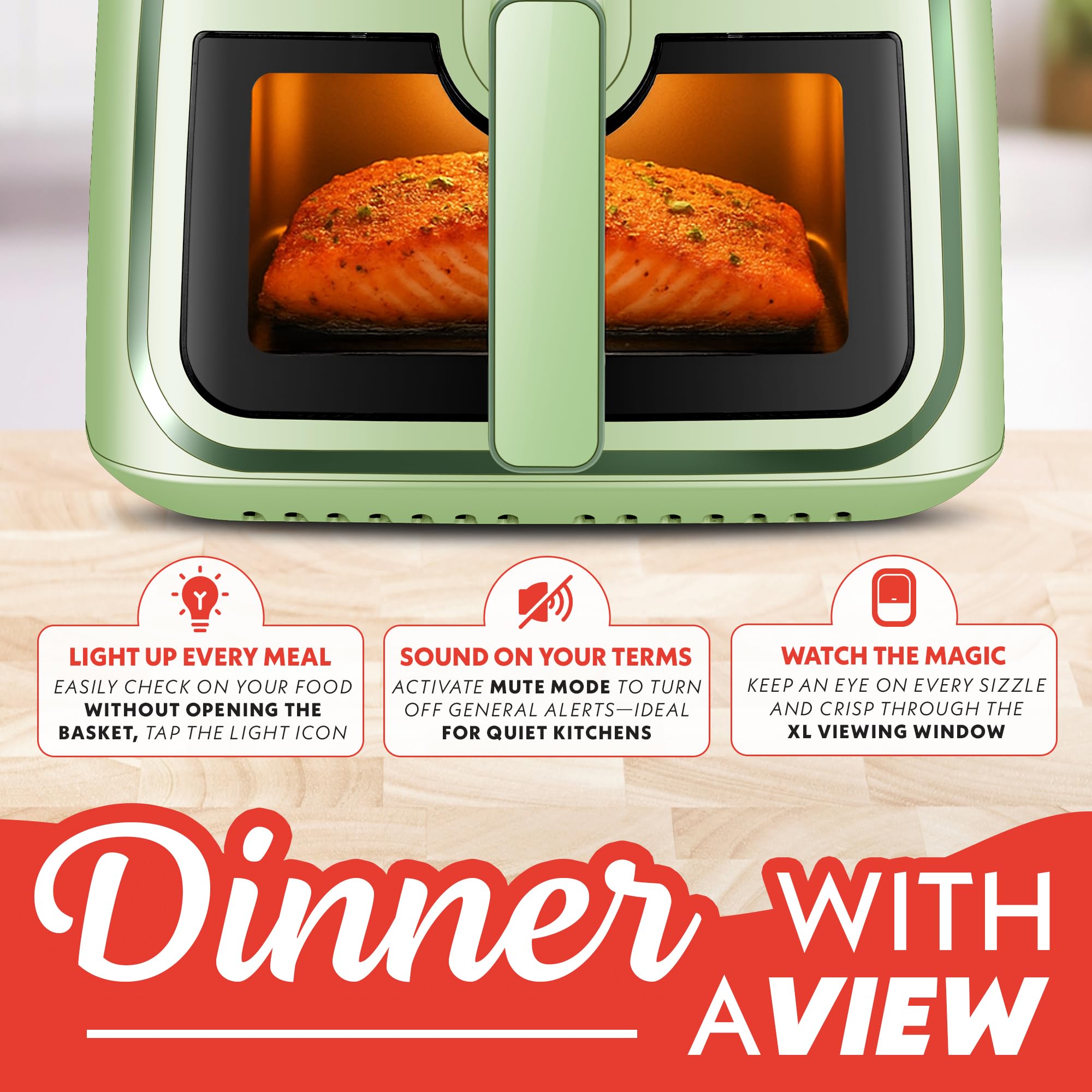 Gourmia 8 Qt Air Fryer, 8 Presets with Digital Display, FryForce 360° Technology, Easy View Window & Interior Light, Dishwasher Safe Basket, Green