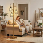 Dimmable Floor Lamp, Industrial Floor Lamps for Living Room, Gold Tree Lamp Standing Lamp Tall Lamps with 3 Elegant Teardrop Cage Head & 800 Lumens LED Bulbs for Living room Bedroom Office Dining Room