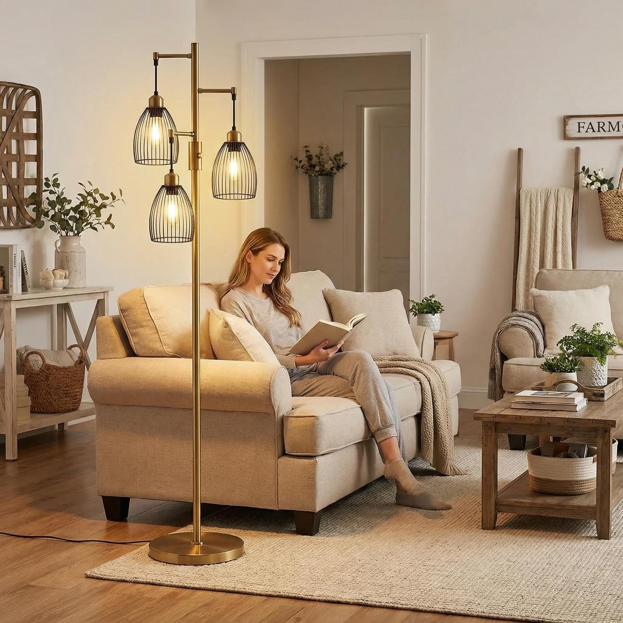 Dimmable Floor Lamp, Industrial Floor Lamps for Living Room, Gold Tree Lamp Standing Lamp Tall Lamps with 3 Elegant Teardrop Cage Head & 800 Lumens LED Bulbs for Living room Bedroom Office Dining Room