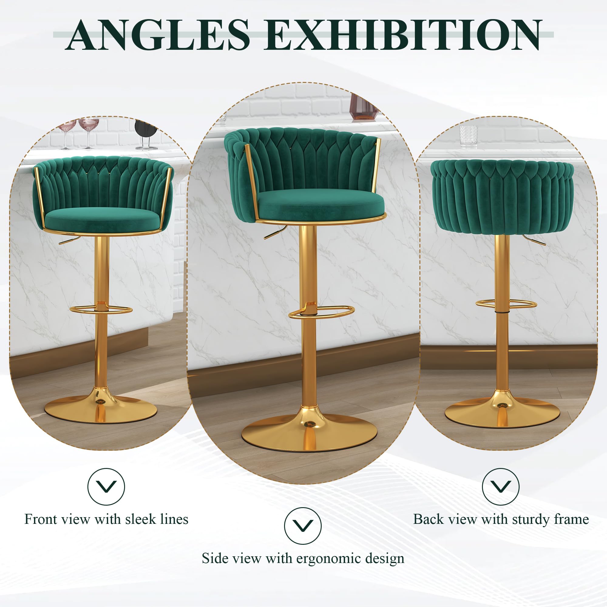 ABET Gold Bar Stool Set of 2, Velvet Swivel Barstools, Height Adjustable Counter Stools with Woven Back, Upholstered Modern Luxury Kitchen Stools with Footrest for Cafe, Pub, Black