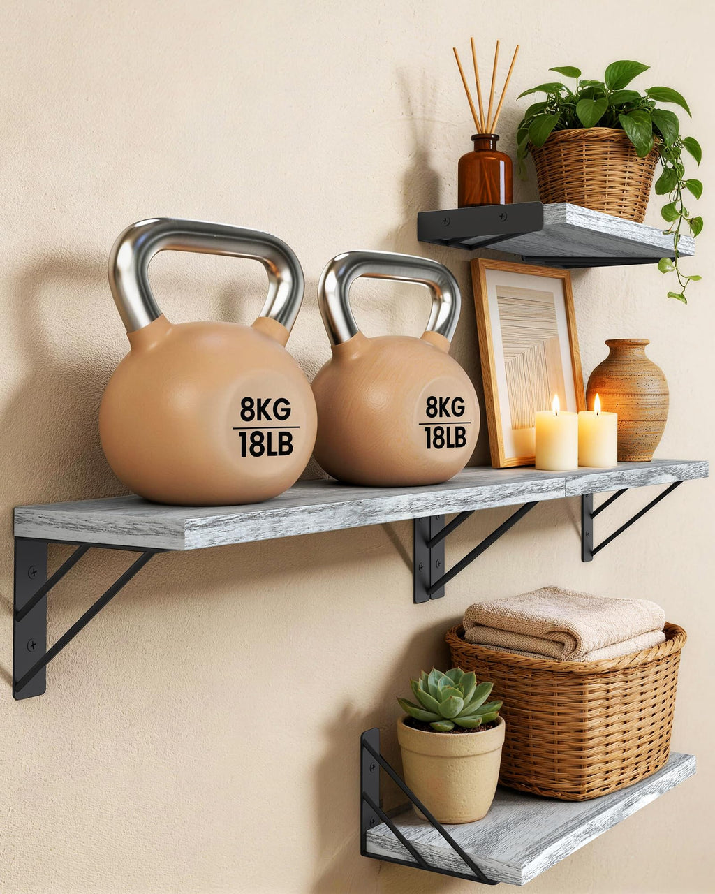 BAYKA Floating Shelves for Bedroom Decor, Wall Shelves for Storage, Wall Mounted Rustic Wood Floating Shelf for Books,Corner Shelf for Bathroom,Kitchen,Living Room(Black and Gold，Set of 4)