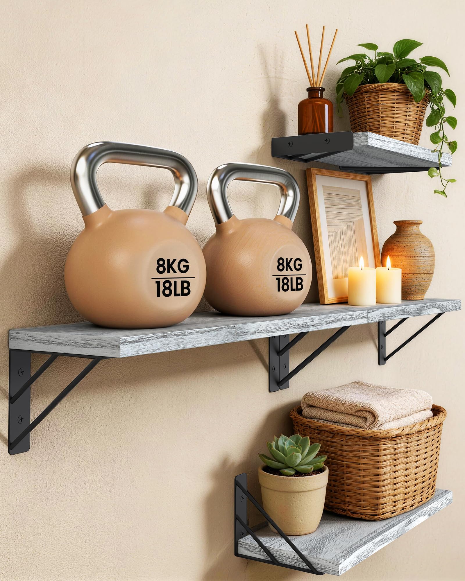 BAYKA Floating Shelves for Bedroom Decor, Wall Shelves for Storage, Wall Mounted Rustic Wood Floating Shelf for Books,Corner Shelf for Bathroom,Kitchen,Living Room(Black and Gold，Set of 4)