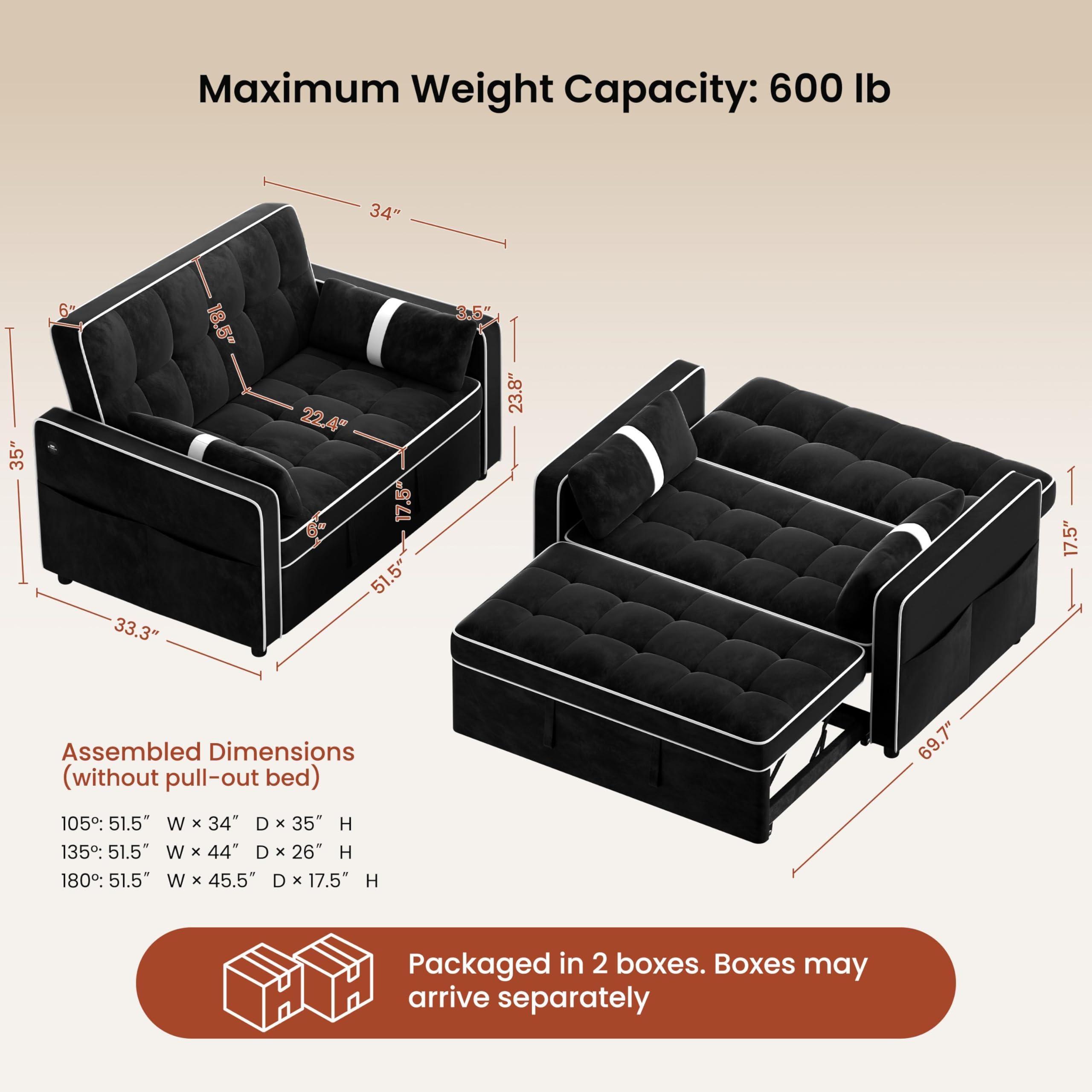Yaheetech 3 in 1 Sofa Bed Convertible Velvet Sofa Pull Out Couch Folding Loveseat Sleeper with Adjustable Backrest, Armrest Pillows, USB Ports, Side Pockets for Living Room Bedroom Apartment, Beige
