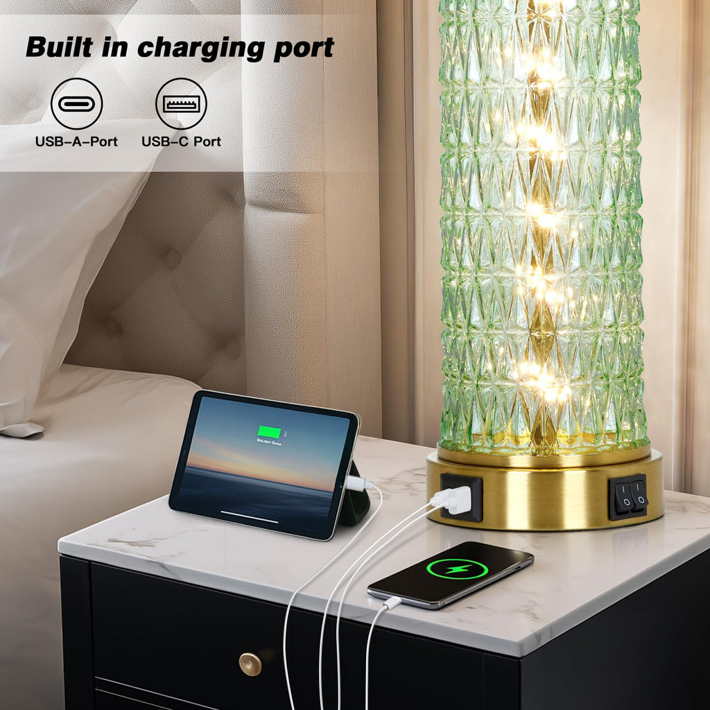 29" Gold Modern Table Lamps Set of 2, 3-Way Dimmable Touch Lamps for Nightstand with USB A+C & Outlets,Brass Lamps for Living Room, Bedroom, Nightstand, Entryway(2 Bulbs Included)