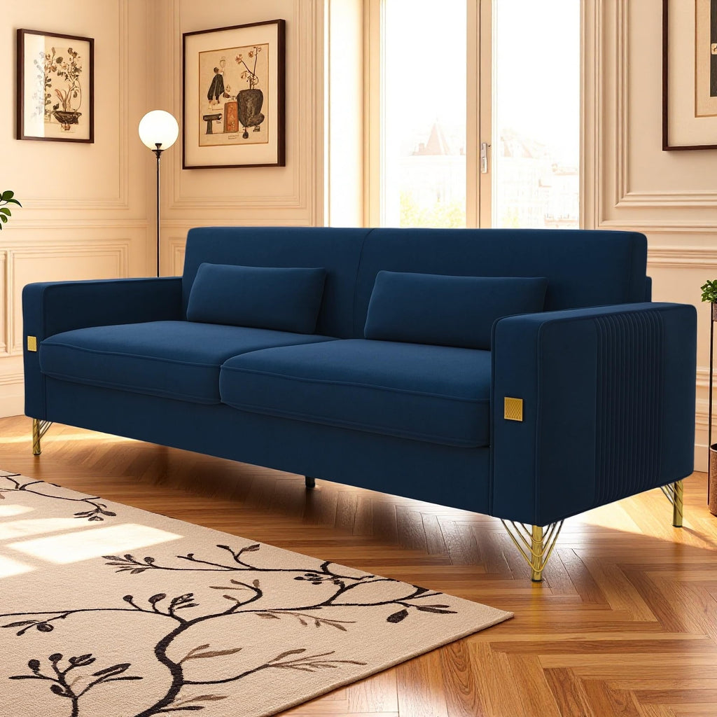 KEIKI 86" Oversized Luxury Velvet Sofa with Armrest and Removable Plush Cushions, Modern Style Gold Accents 3-Seater Couch with Solid Legs, Easy Assembly, for Living Room, Apartment, Green