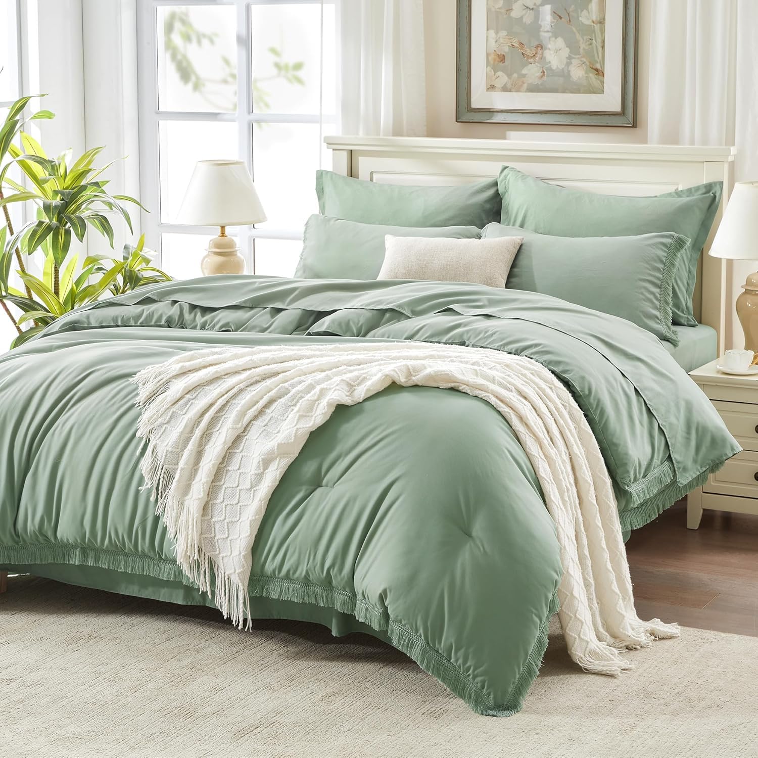 Andency King Size Comforter Set with Sheets Light Pink - 7 Pieces Bed in a Bag Boho Soft Lightweight Bedding Sets, Tassel Bed Set with Comforter, Sheets, Pillowcases & Shams