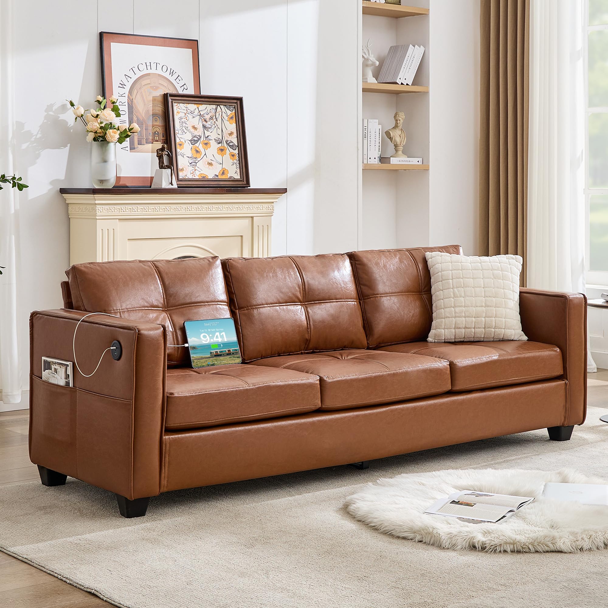 TYBOATLE 88" W Blue Faux Leather L Shaped Sectional Couches w/Side Pockets, Comfy Modular Convertible Sofas w/USB, Office Sofa Set with Chaise for Living Room, Bedroom (Blue, 3L)