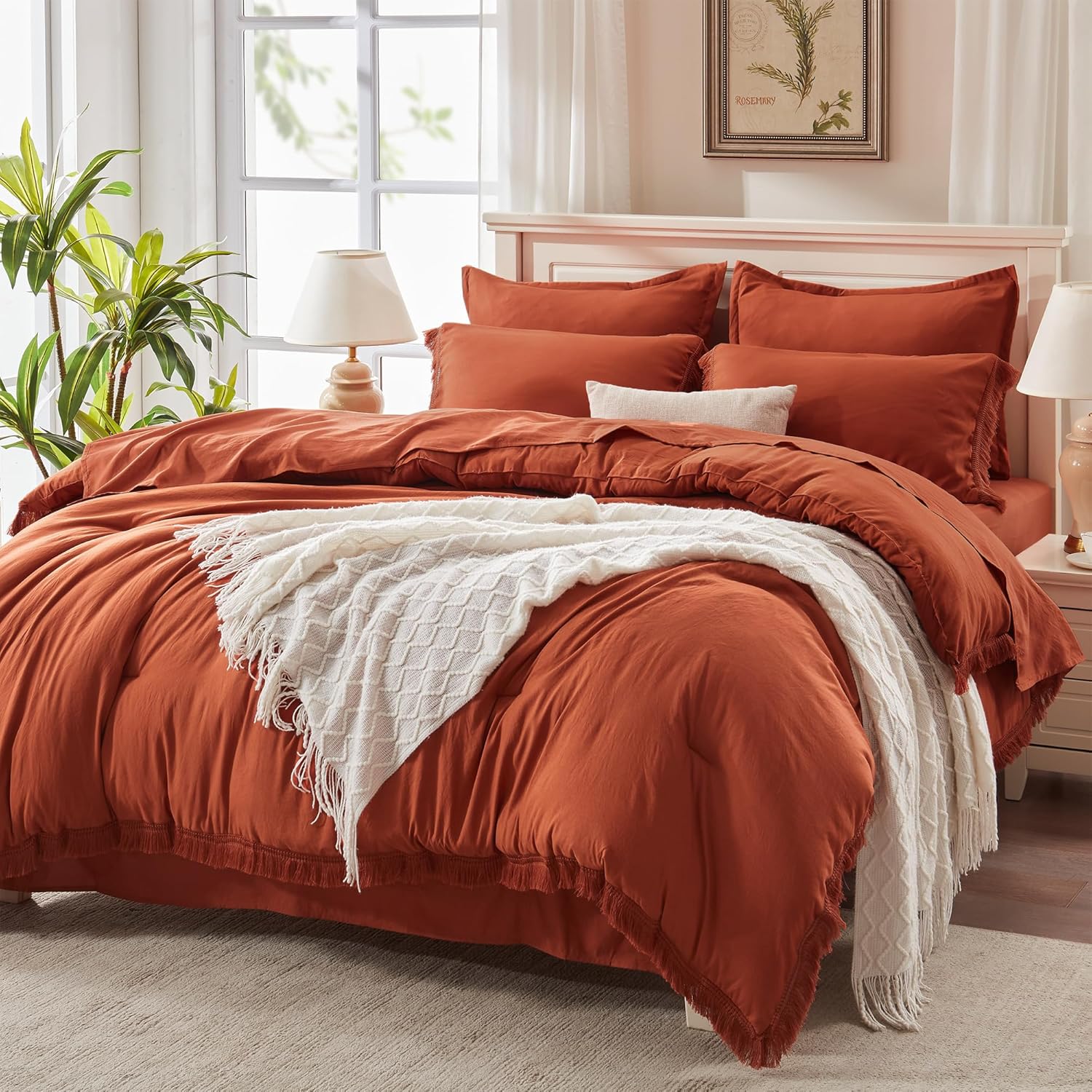 Andency King Size Comforter Set with Sheets Light Pink - 7 Pieces Bed in a Bag Boho Soft Lightweight Bedding Sets, Tassel Bed Set with Comforter, Sheets, Pillowcases & Shams