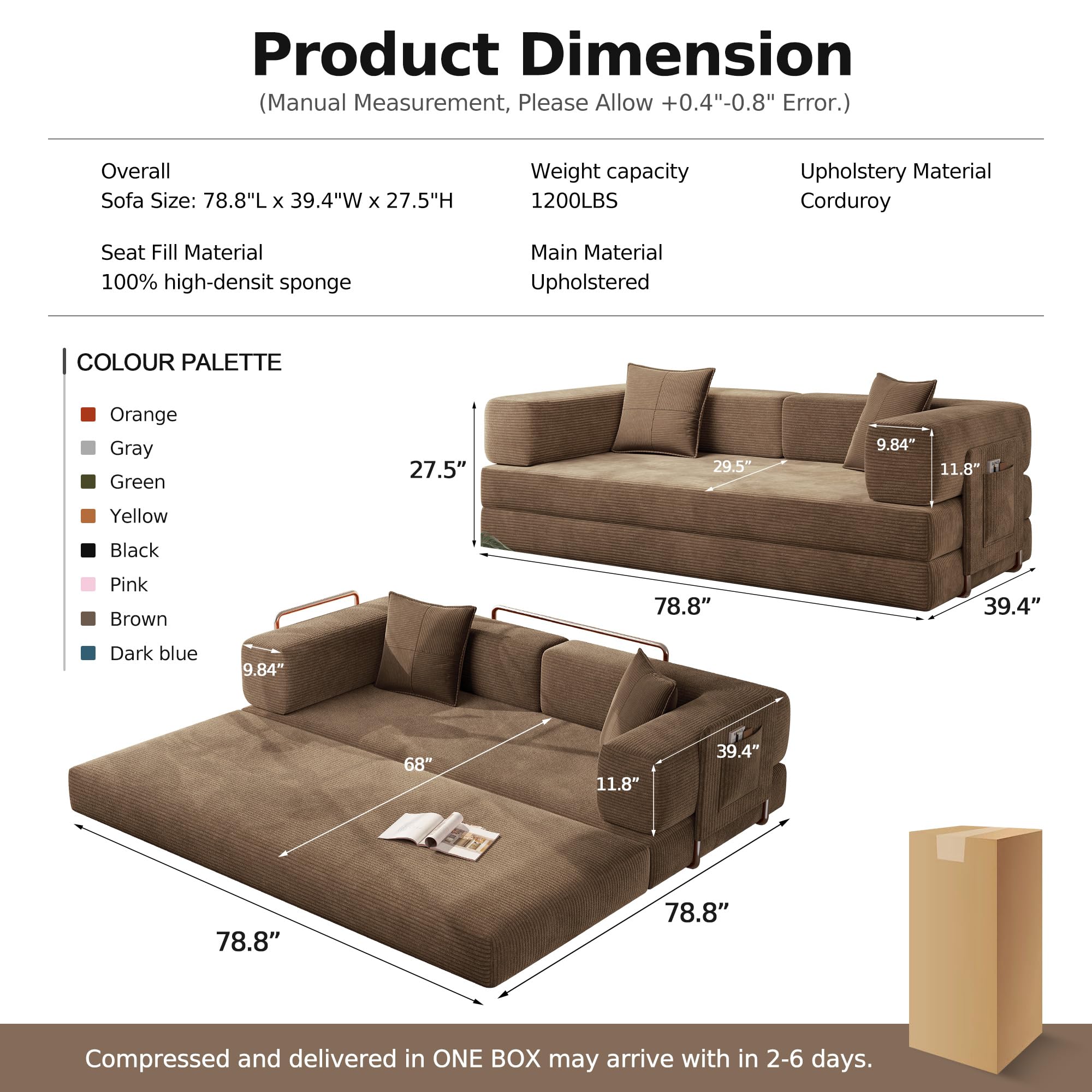 MoonSpeak 78.8''Sleeper Couch Bed for Livingroom,Convertible Modular Sofa with Armrest Pillow,Modular Foldable Corduroy Couches in a Box,No Assembly (Green)