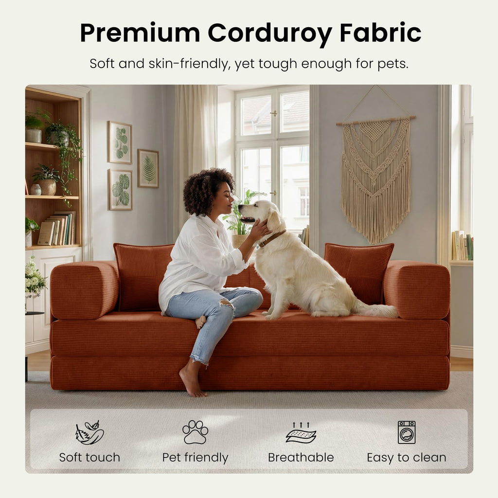 78.8" Convertible Futon Sofa Bed,Corduroy Futon Couch with Storage Pocket,Folding Pull Out Sofa,No Assembly Boneless Couch for Living Room | Pink