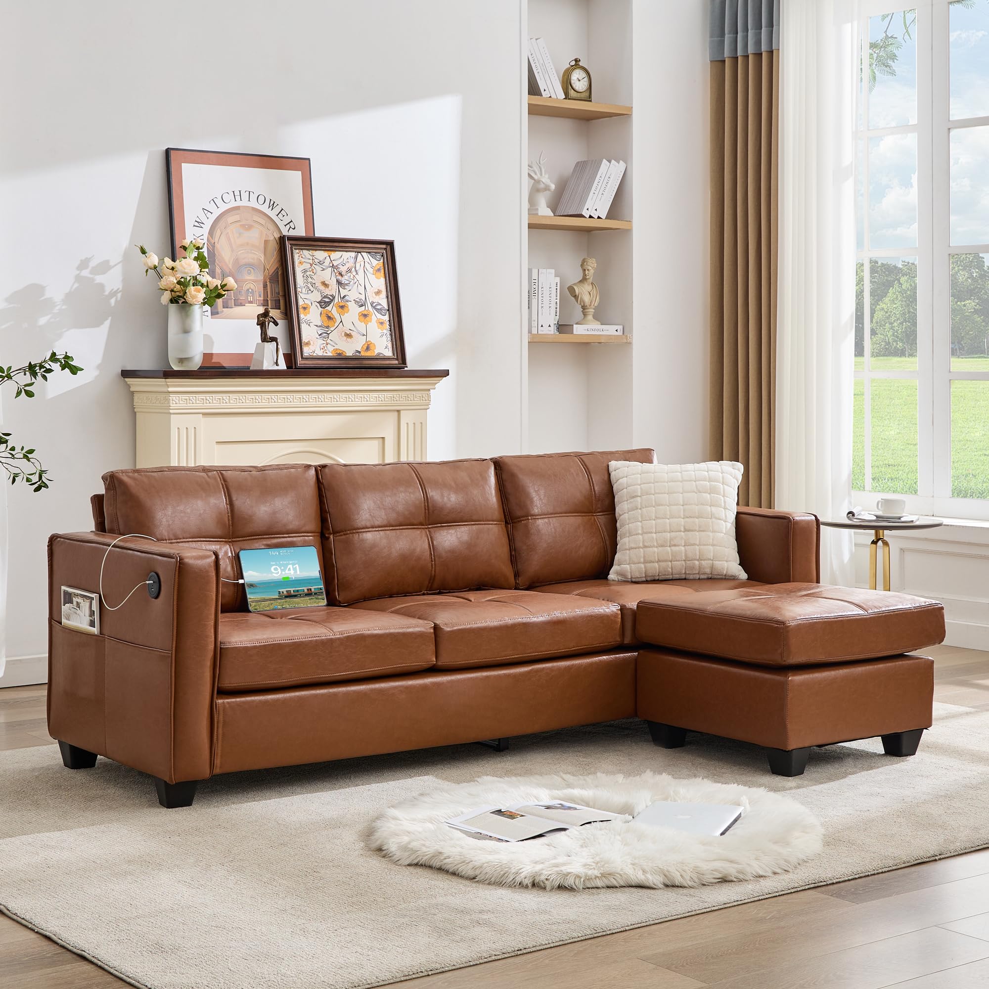 TYBOATLE 88" W Blue Faux Leather L Shaped Sectional Couches w/Side Pockets, Comfy Modular Convertible Sofas w/USB, Office Sofa Set with Chaise for Living Room, Bedroom (Blue, 3L)