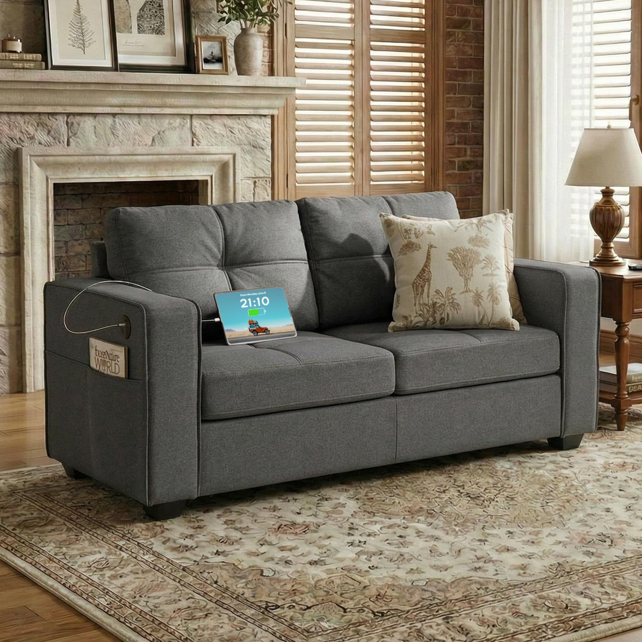 TYBOATLE 88" W Blue Faux Leather L Shaped Sectional Couches w/Side Pockets, Comfy Modular Convertible Sofas w/USB, Office Sofa Set with Chaise for Living Room, Bedroom (Blue, 3L)