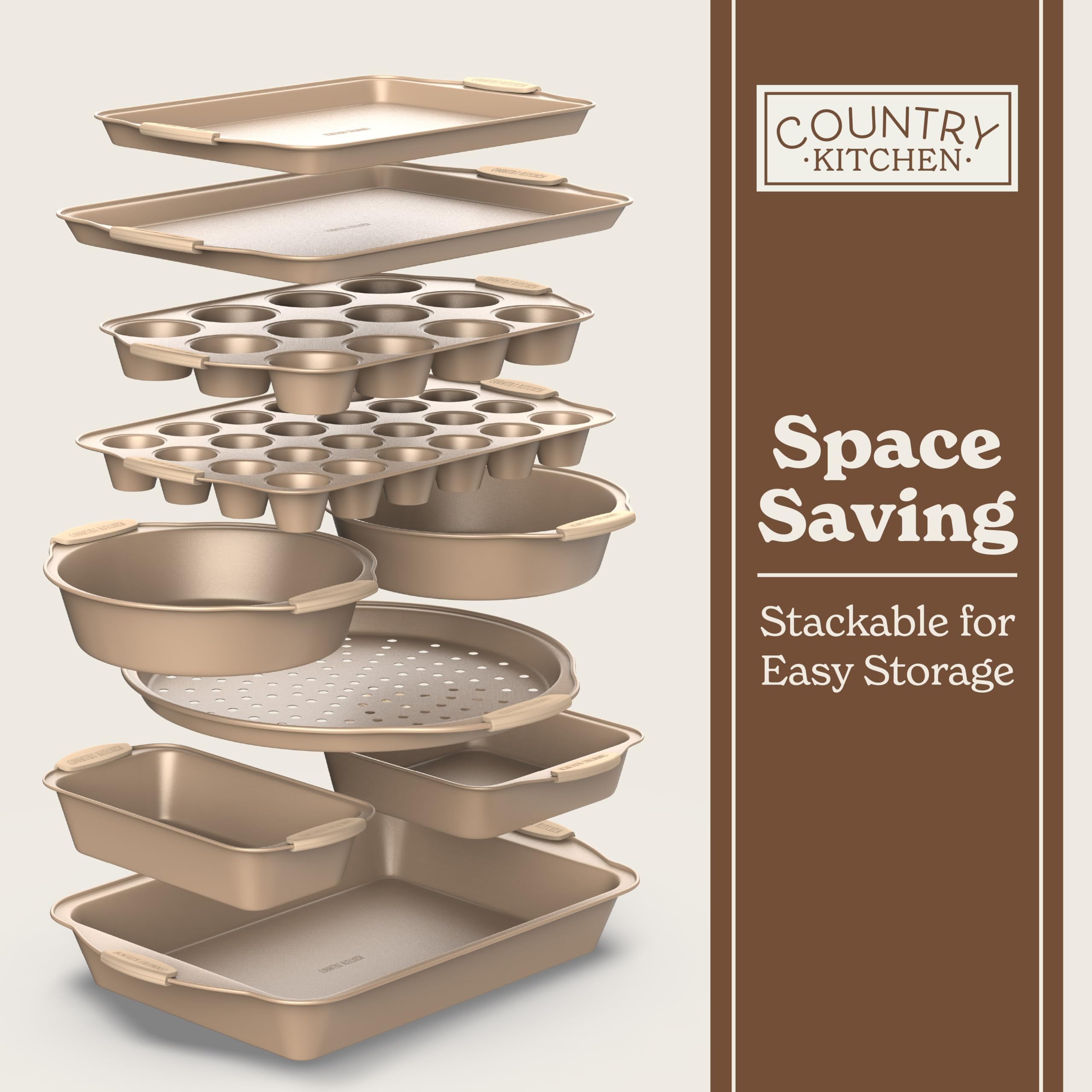 Country Kitchen Nonstick Stackable Bakeware Set - Durable, Easy Release Baking Set- 22 Pc. Includes Silicone Muffin Cups