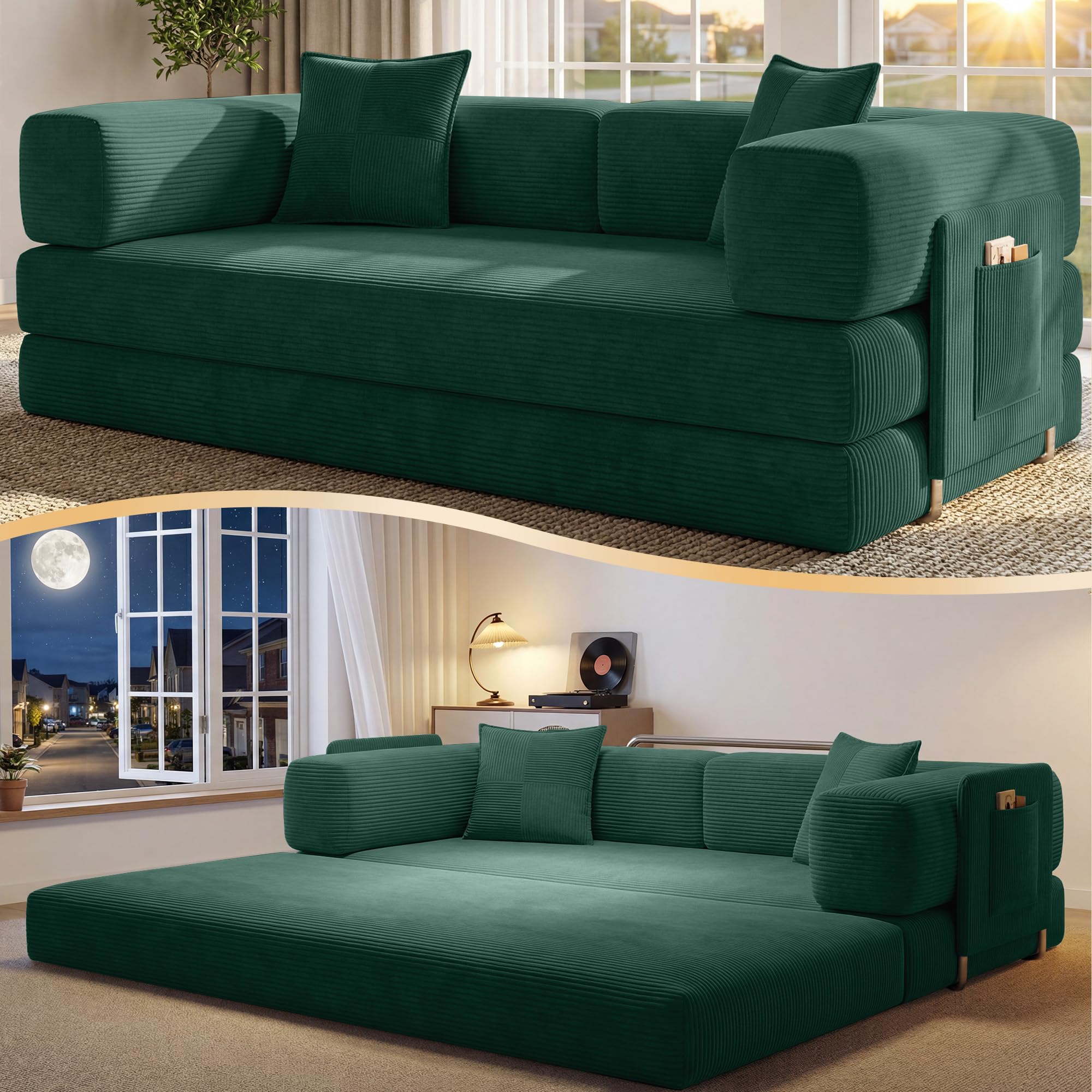 78.8" Convertible Futon Sofa Bed,Corduroy Futon Couch with Storage Pocket,Folding Pull Out Sofa,No Assembly Boneless Couch for Living Room | Pink