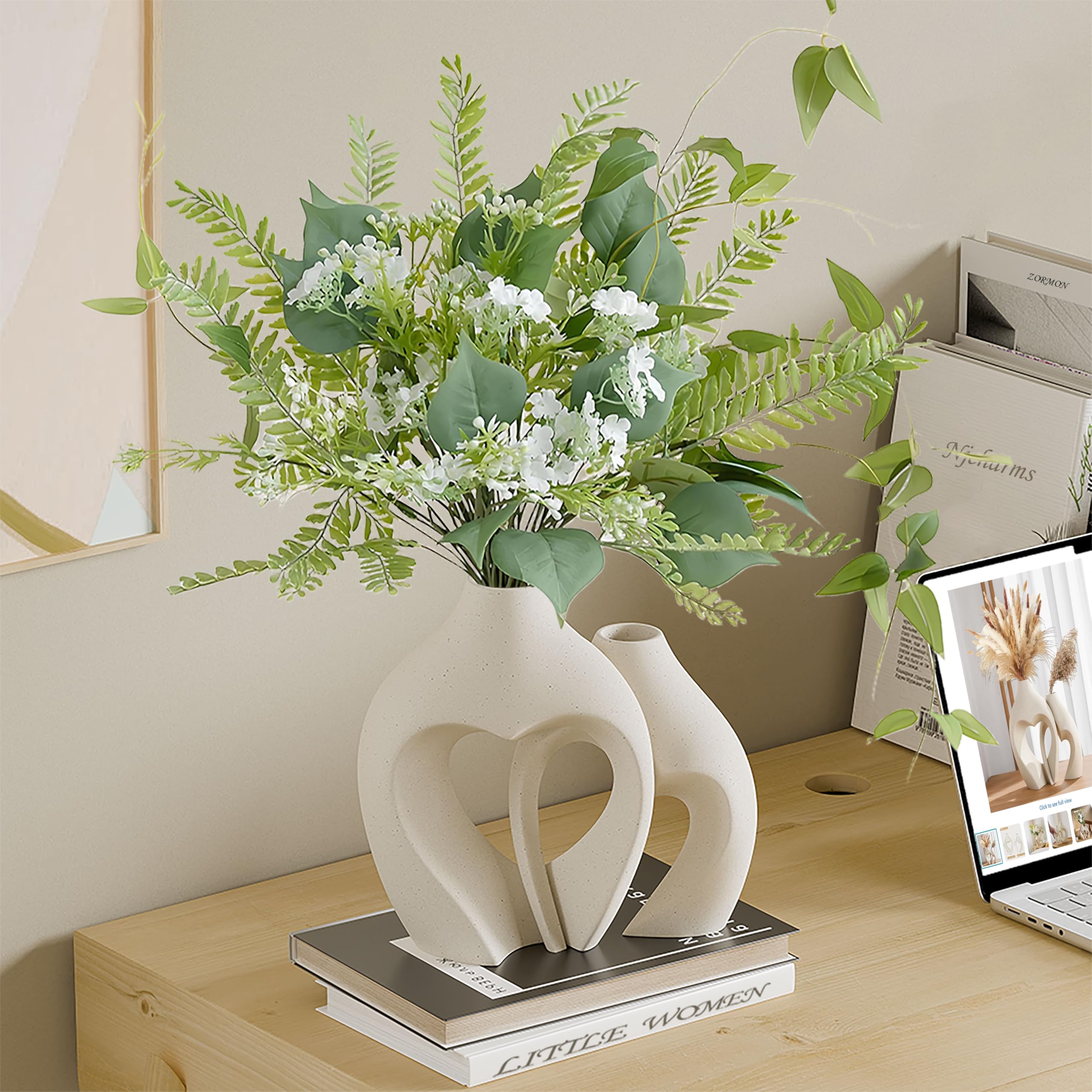 Zormon White Vases for Decor, Heart Shaped Ceramic Vase Set of 2, Nordic Heart Shaped Vases, Minimalist Decorative Vase for Table Centerpiece Wedding Dining Living Room Office House Decoration