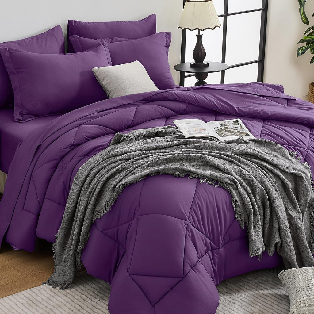 HEVUMYI 7 Pieces Queen Comforter Set, All Season Reversible Bed in a Bag, Ultra Soft Queen Bedding Set with Grey Comforter, Flat Sheet, Fitted Sheet, Pillowcases, Pillow Shams, Dark Grey