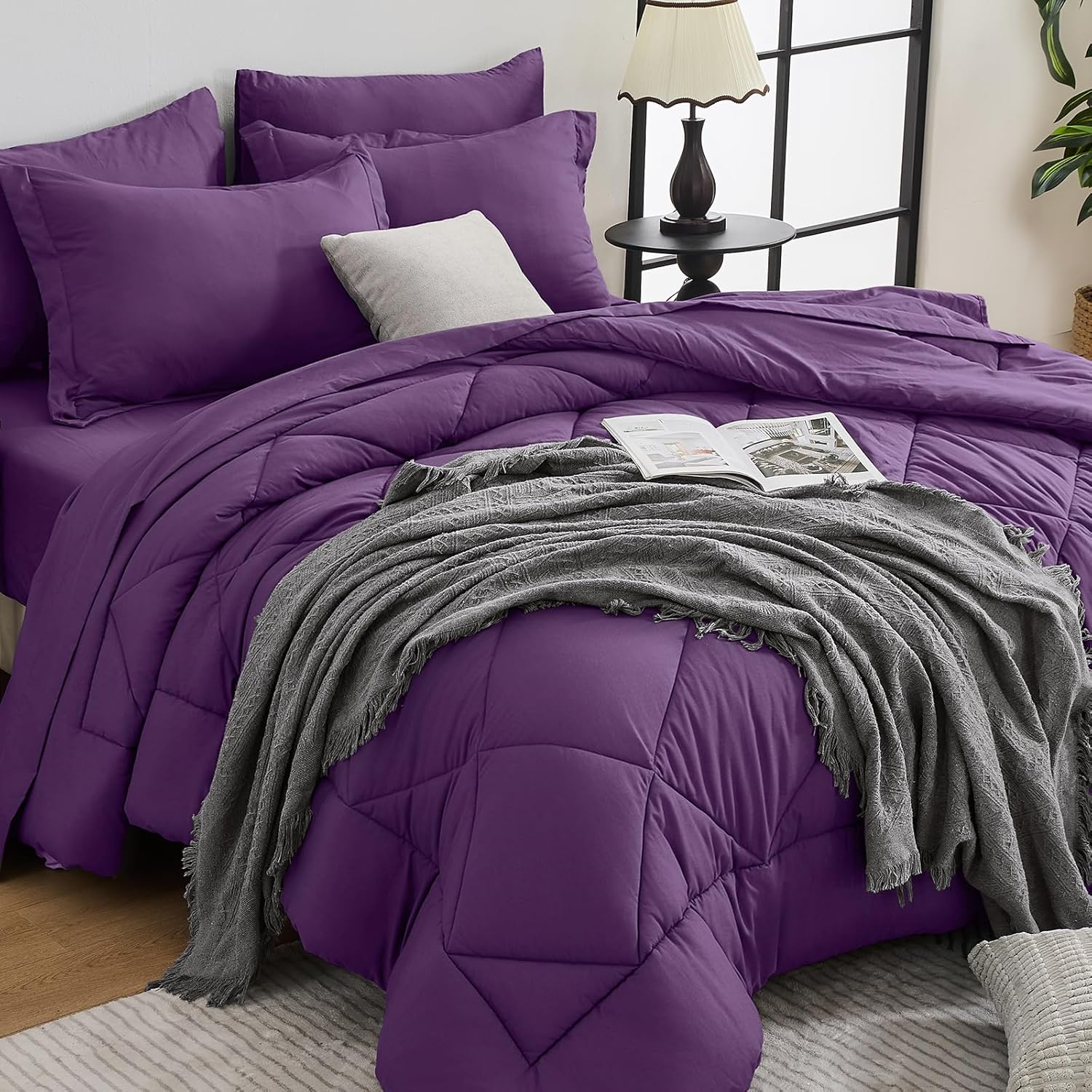 HEVUMYI 7 Pieces Queen Comforter Set, All Season Reversible Bed in a Bag, Ultra Soft Queen Bedding Set with Grey Comforter, Flat Sheet, Fitted Sheet, Pillowcases, Pillow Shams, Dark Grey