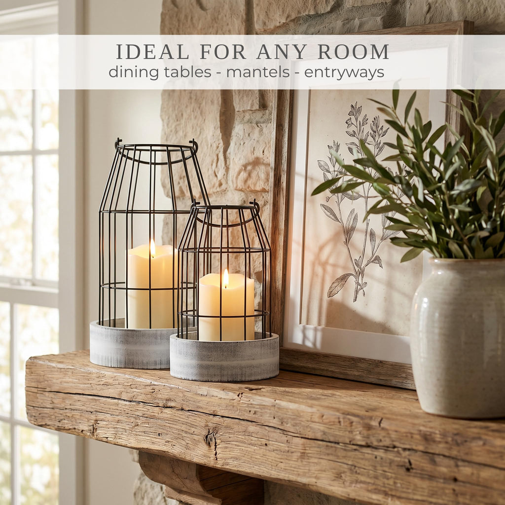 Rustic Farmhouse Lantern Decor Set of 2 - Stylish Decorative Lanterns for Your Living Room, Patio & Porch or Kitchen Dining Table - Modern Indoor/Outdoor Coffee Table Decor for Your Entire Home