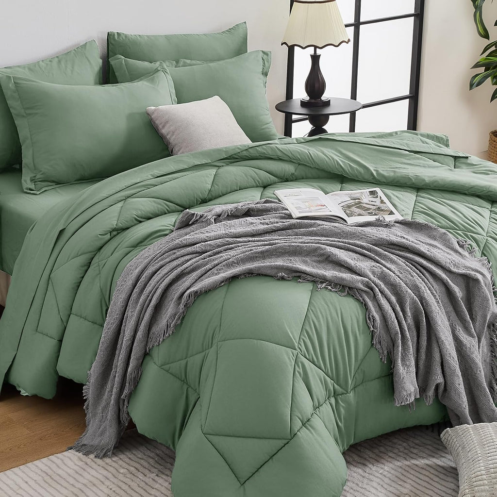 HEVUMYI 7 Pieces Queen Comforter Set, All Season Reversible Bed in a Bag, Ultra Soft Queen Bedding Set with Grey Comforter, Flat Sheet, Fitted Sheet, Pillowcases, Pillow Shams, Dark Grey