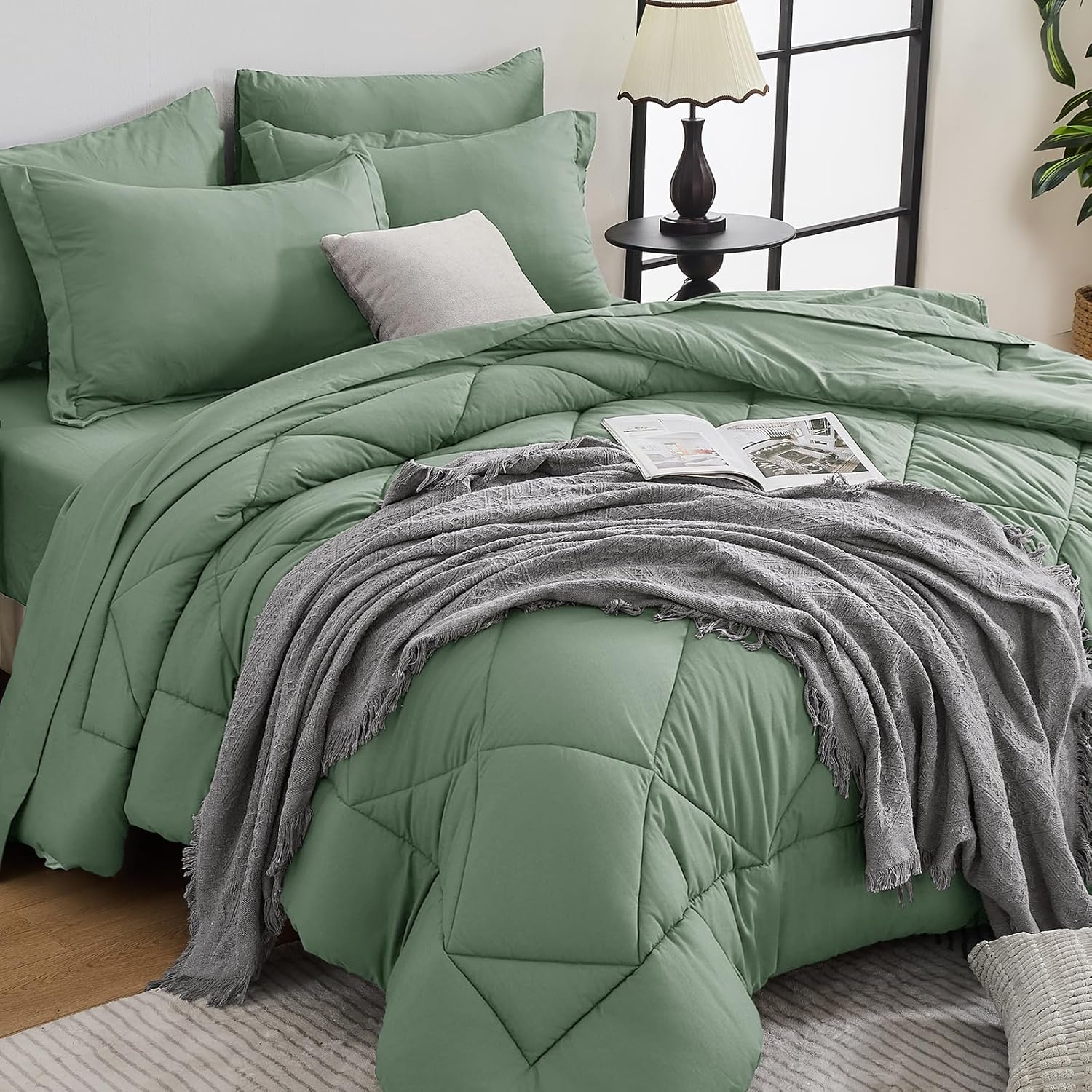 HEVUMYI 7 Pieces Queen Comforter Set, All Season Reversible Bed in a Bag, Ultra Soft Queen Bedding Set with Grey Comforter, Flat Sheet, Fitted Sheet, Pillowcases, Pillow Shams, Dark Grey