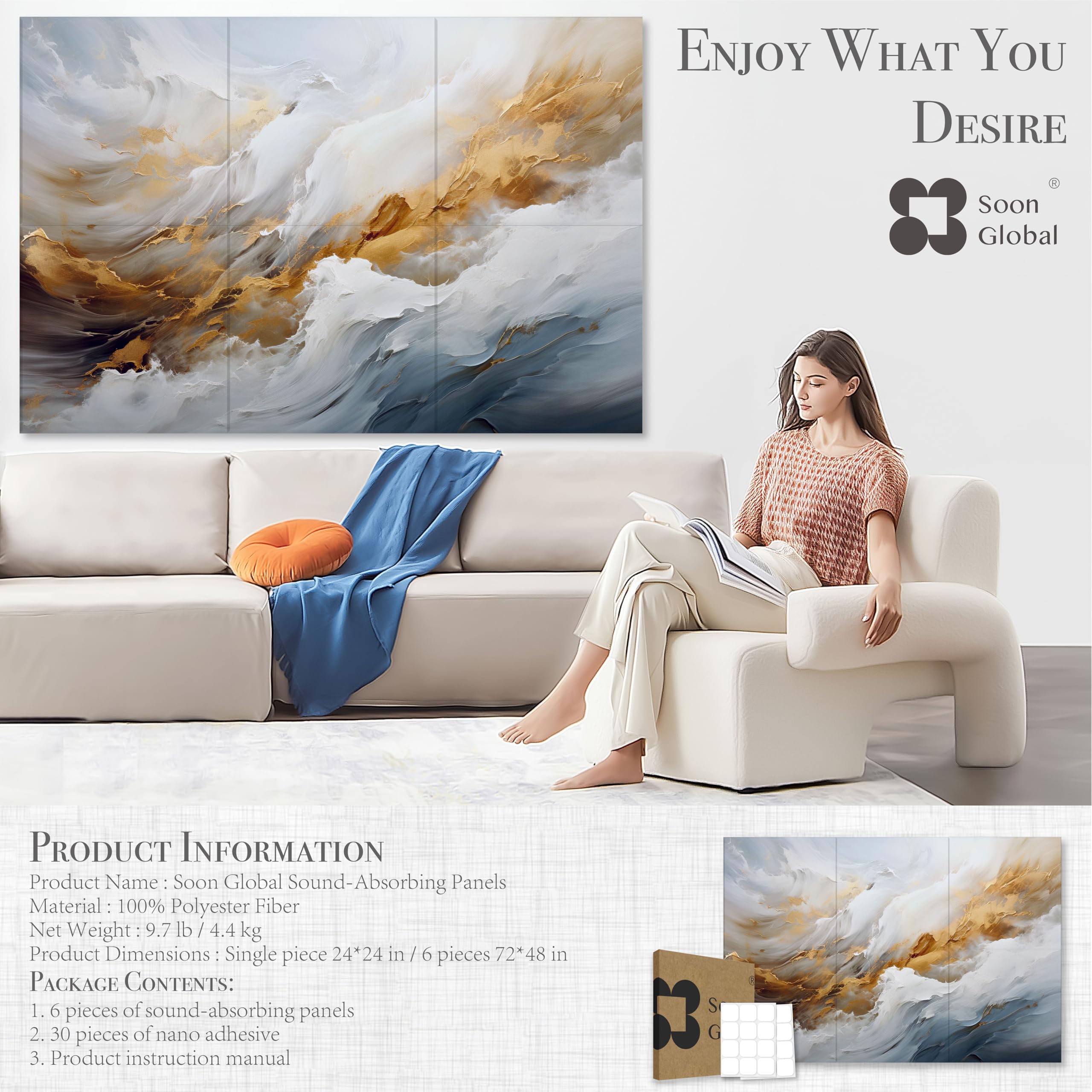 Soon Global Acoustical Wall Panels, 6-Piece 23.62 X 23.62 Inches Art Acoustic Panels, Decorative Acoustic Panels, Acoustic Wall Panels, Sound Absorbing Wall Art, Arcadian Vortex