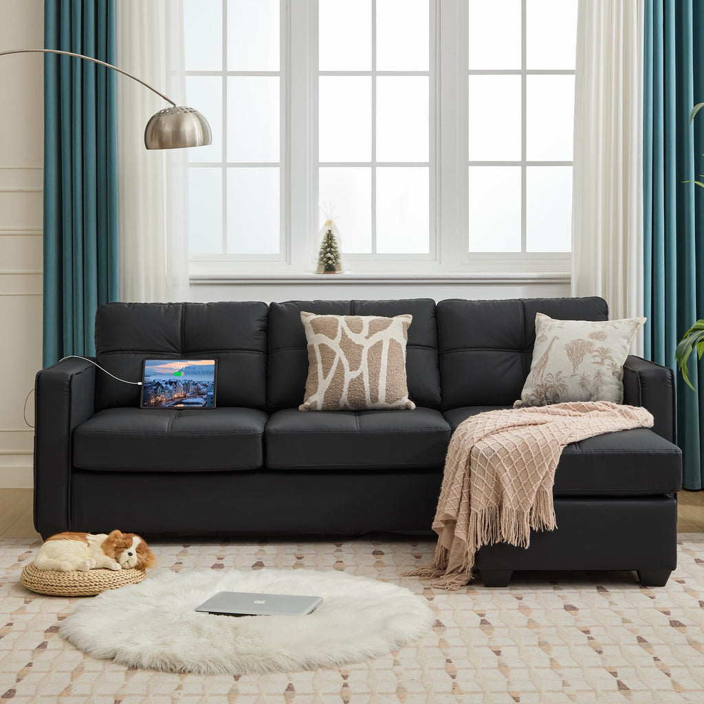 TYBOATLE 88" W Blue Faux Leather L Shaped Sectional Couches w/Side Pockets, Comfy Modular Convertible Sofas w/USB, Office Sofa Set with Chaise for Living Room, Bedroom (Blue, 3L)