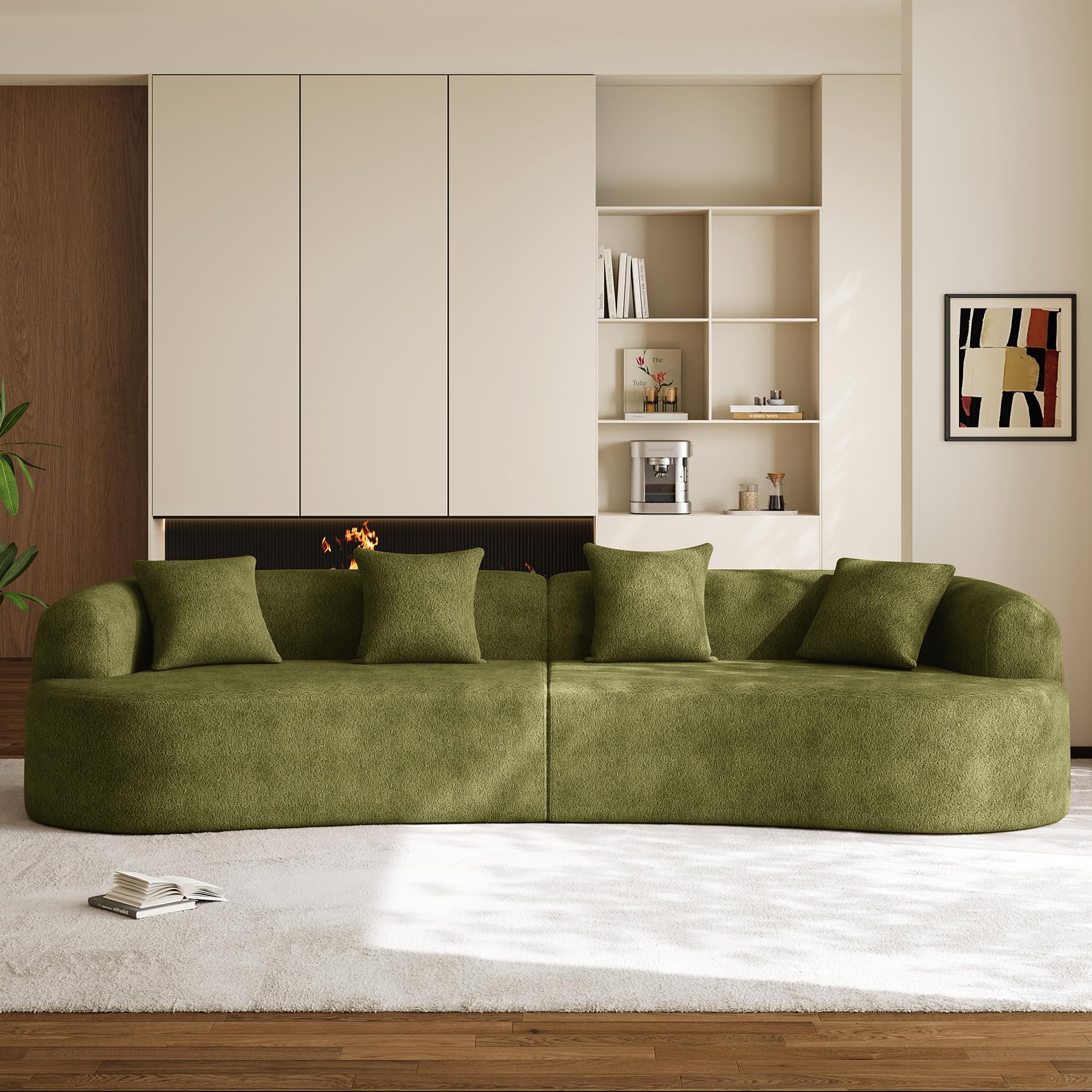 131" Oversized Sectional Sofa for Living Room, Modern Luxury Plush Chenille 4-Seater Extra Deep & Wide Seat Curved Cloud Couch with 4 Throw Pillows, No Assembly Needed, Light Brown