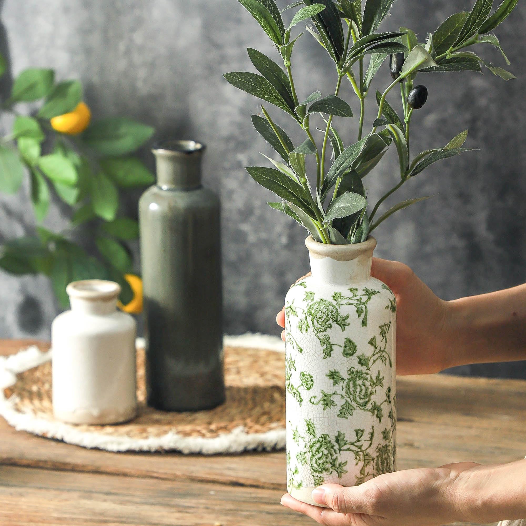 Vintage Vase Set of 3, Ceramic Vintage Flower Vases, Chinoiserie Decorative Home Decor Retro Floral Vase Rustic Farmhouse Decor for Table Bookshelf Mantel Kitchen Living Room Office - Green and Beige