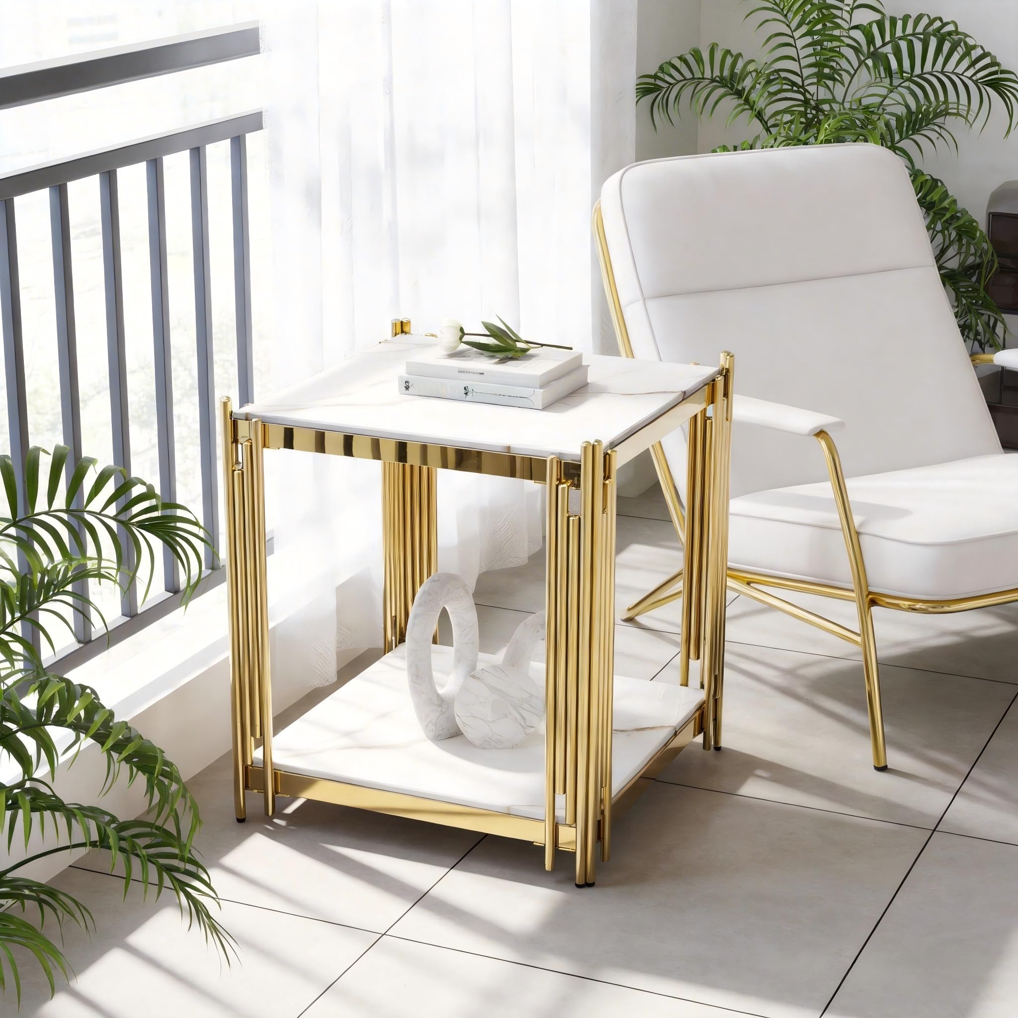 Luxury Gold Square Glass End Table, 19.7" Modern Side Table with Stainless Steel Irregular Leg Clear Tempered Glass Tabletop, Accent Furniture for Living Room, Clear